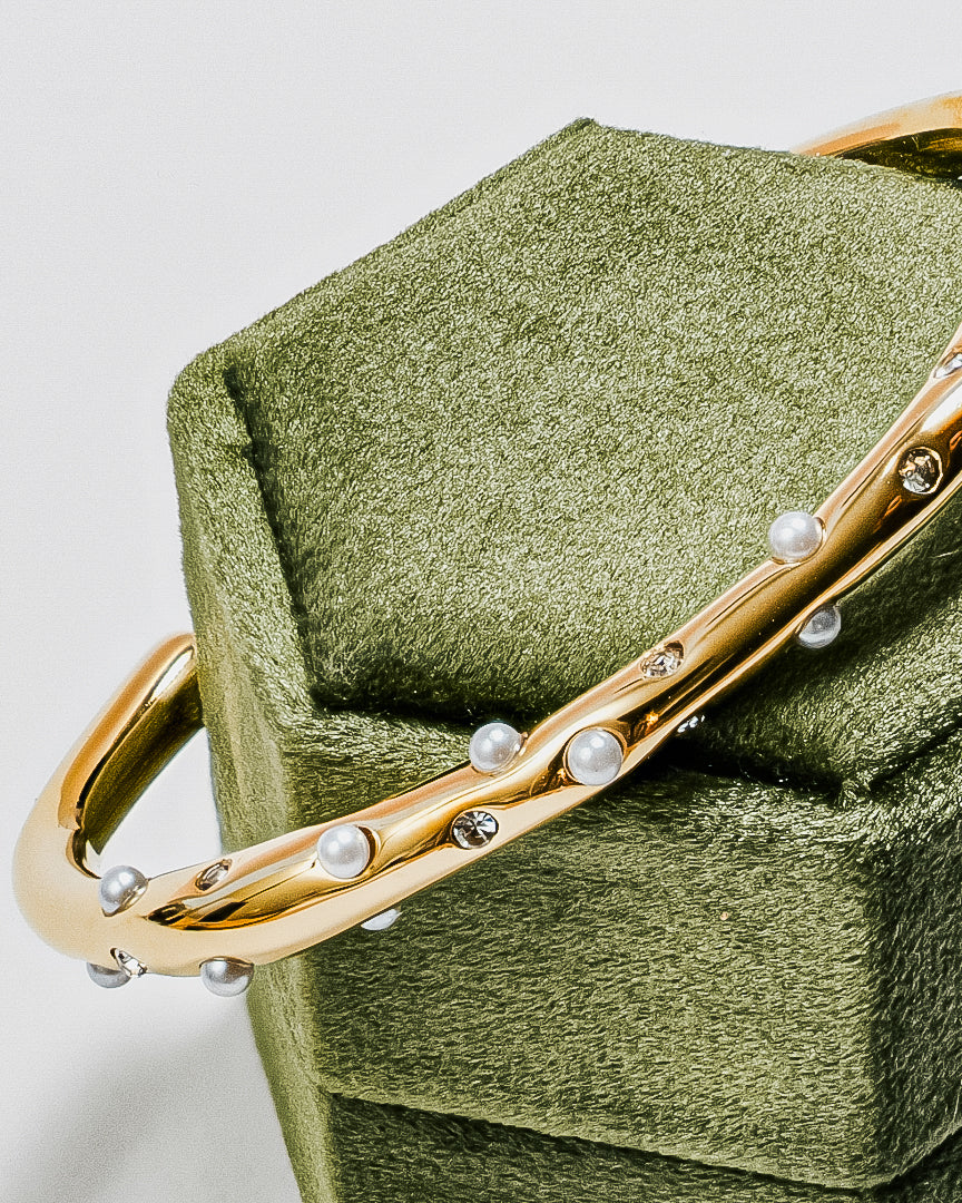 Ophelia Pearl CZ Open Gold Bangle