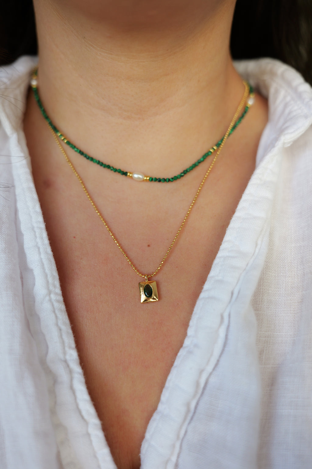 Emerald 18K Gold Boho Green Beaded Layer Necklace