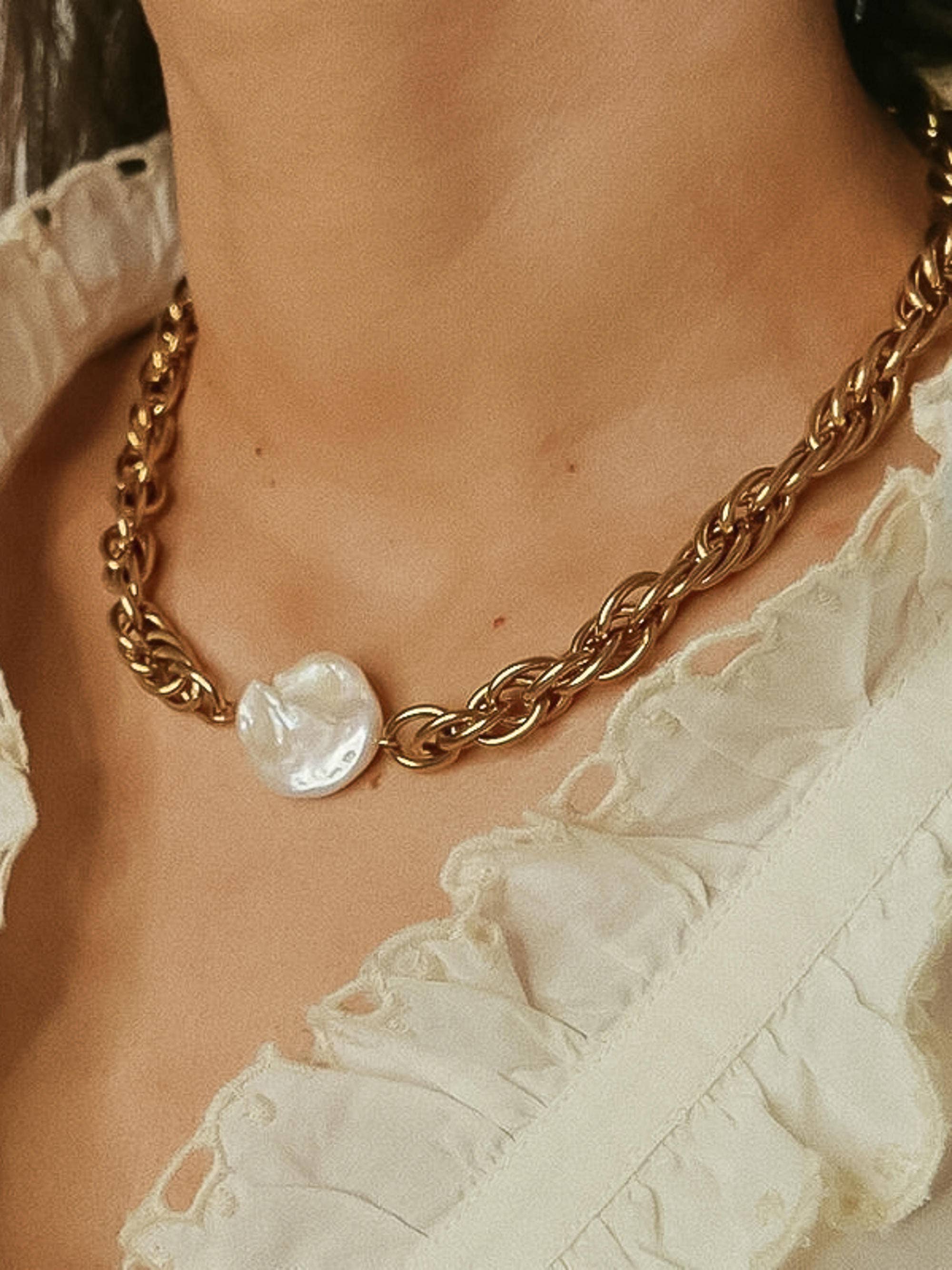 Lory 18K Non-Tarnish Bold Pearl Chain Necklace
