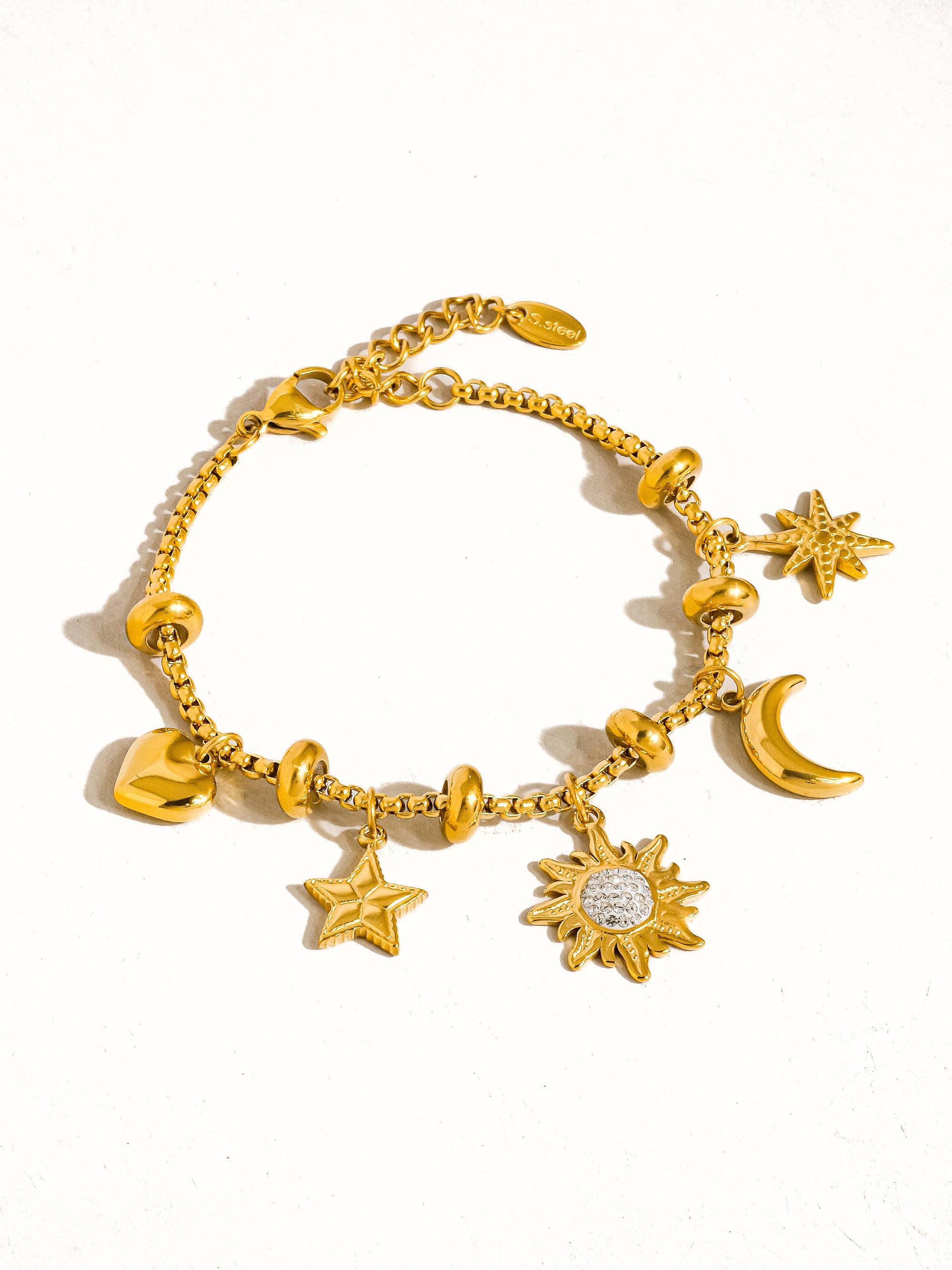 Fenix 18K Gold Non-Tarnish Star And Moon Charm Bracelet