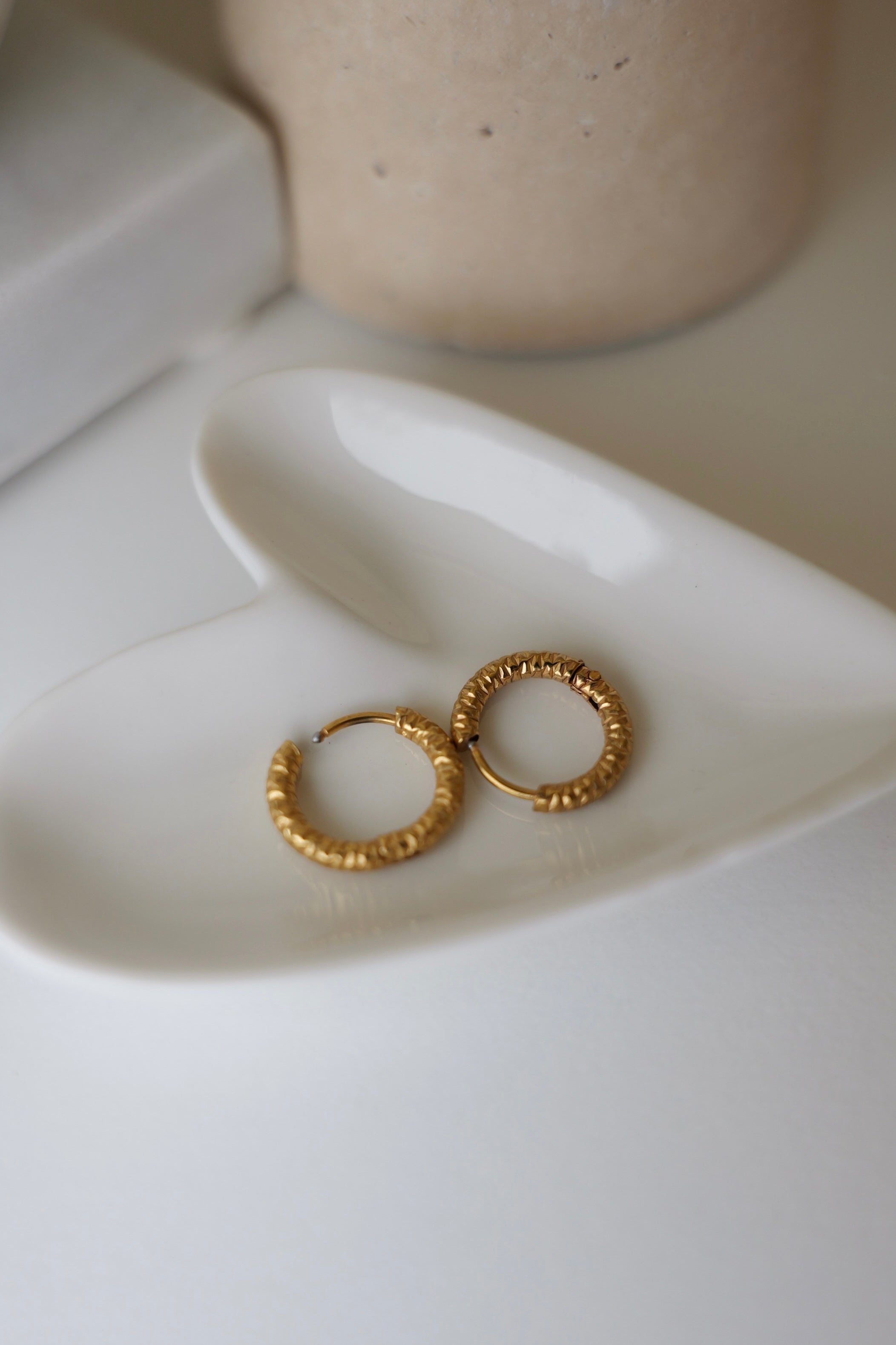 18K Gold Plated Stainless Steel Textured Hoop Earrings 15mm