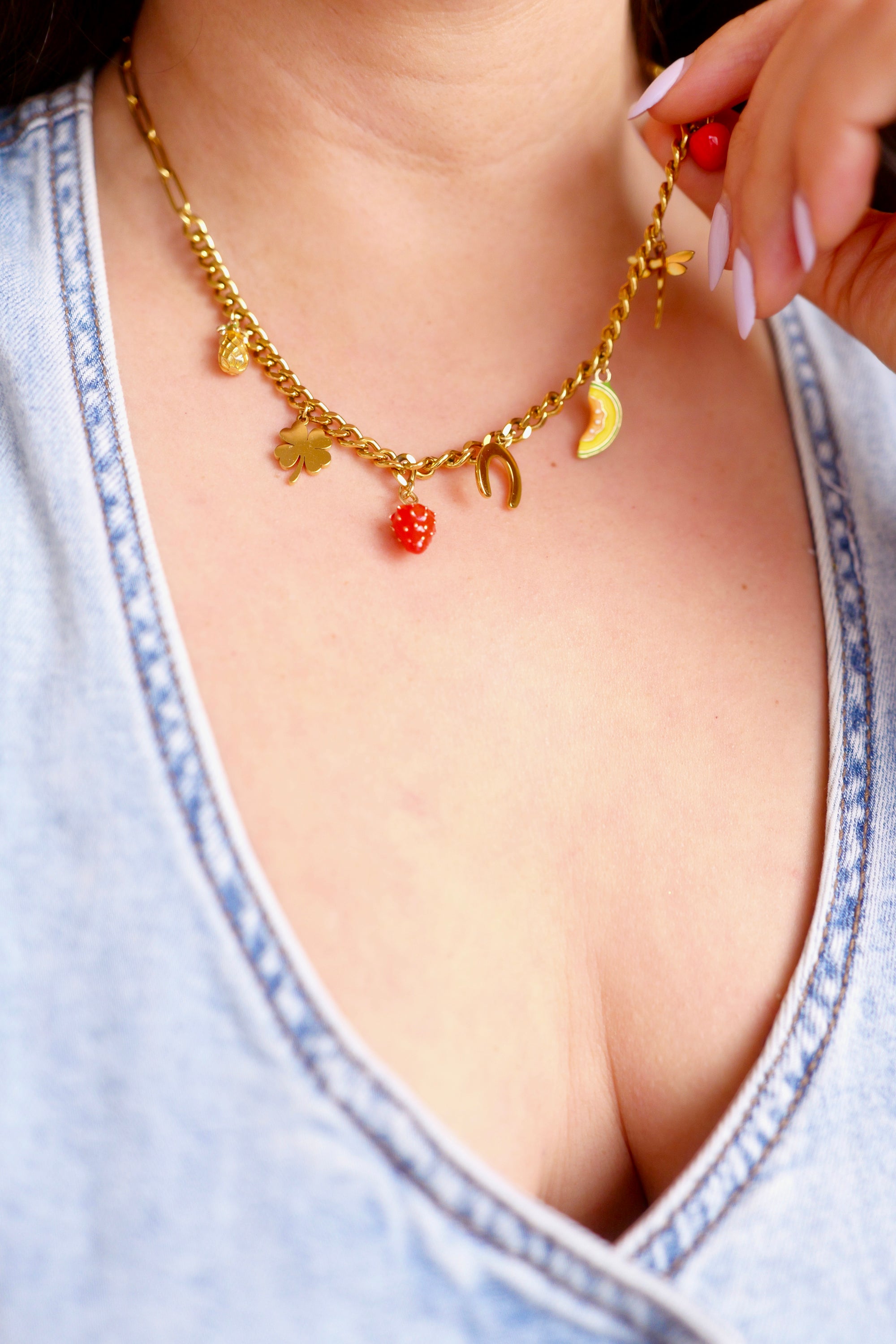 Marinha 18K Gold Non-Tarnish Fruit and Charms Necklace