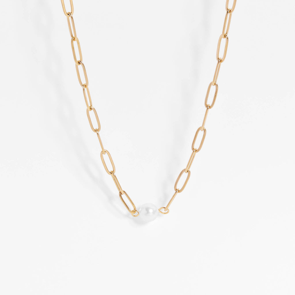 Gia 18k Gold Paperclip Necklace With Pearl
