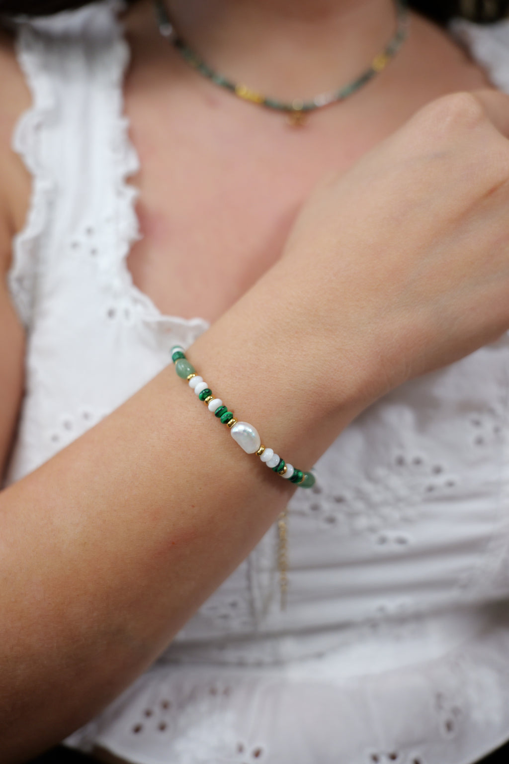 Emerald 18K Non-Tarnish Bohemian Stone and Bead Faye Green Bracelet