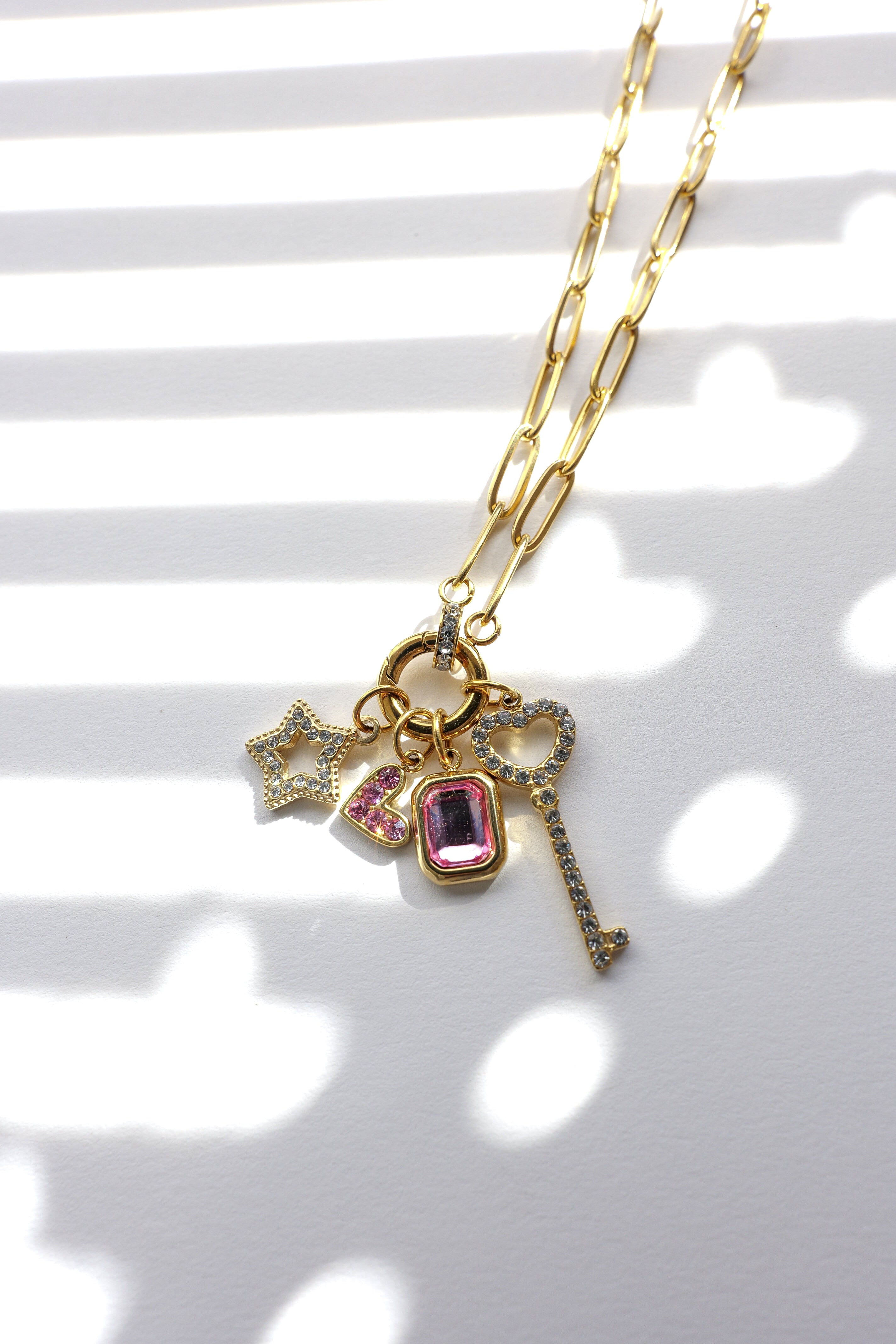 16" 18K Gold Paperclip Rhinestone Charm Holder Necklace