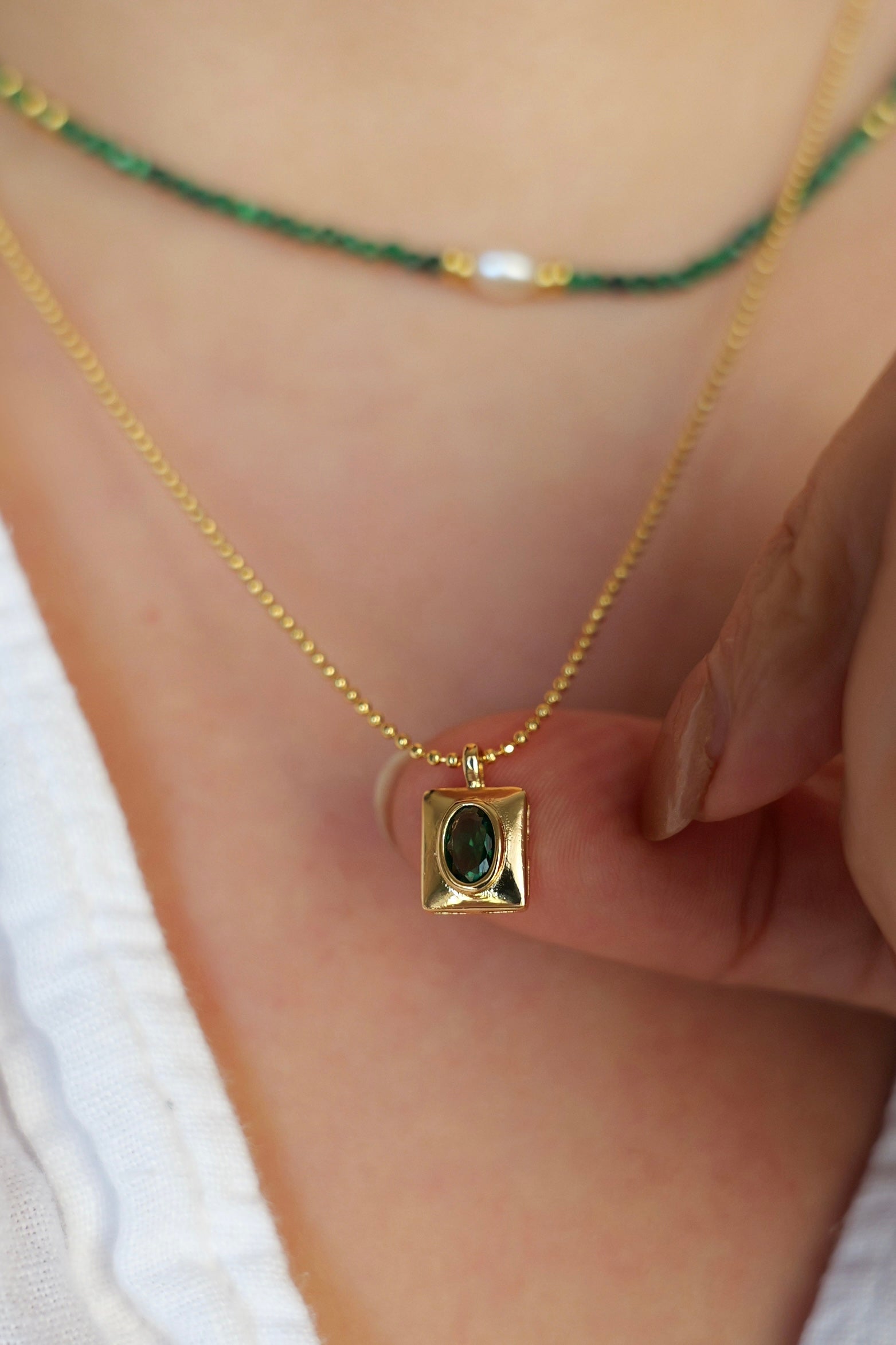 Emerald 18K Gold Boho Green Beaded Layer Necklace