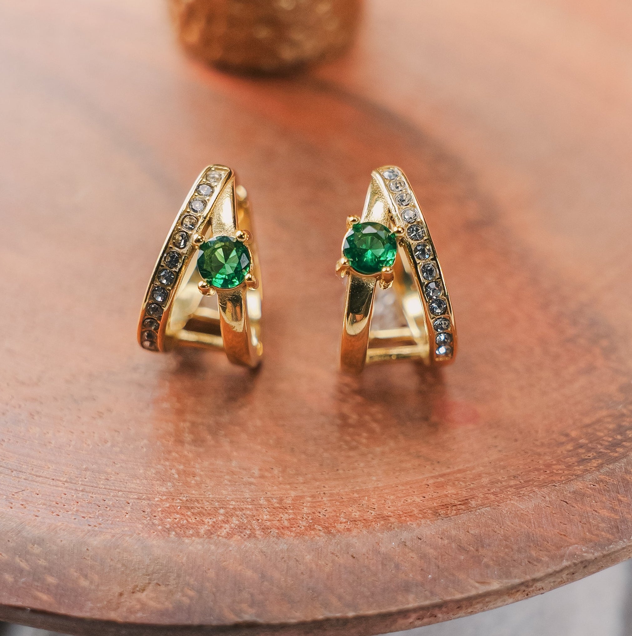 Jade Gold Triangle Hoop Earrings | Emerald Green Crystal | Waterproof Hypoallergenic Stainless Steel