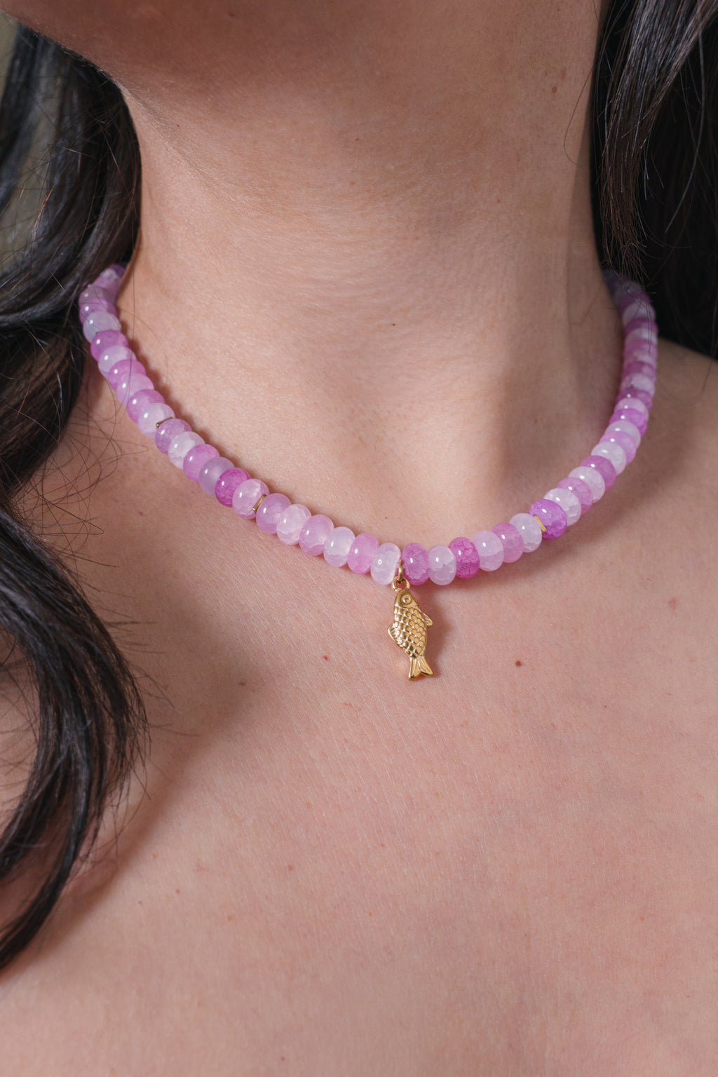 Pink Beaded Necklace with Sardine Chatm