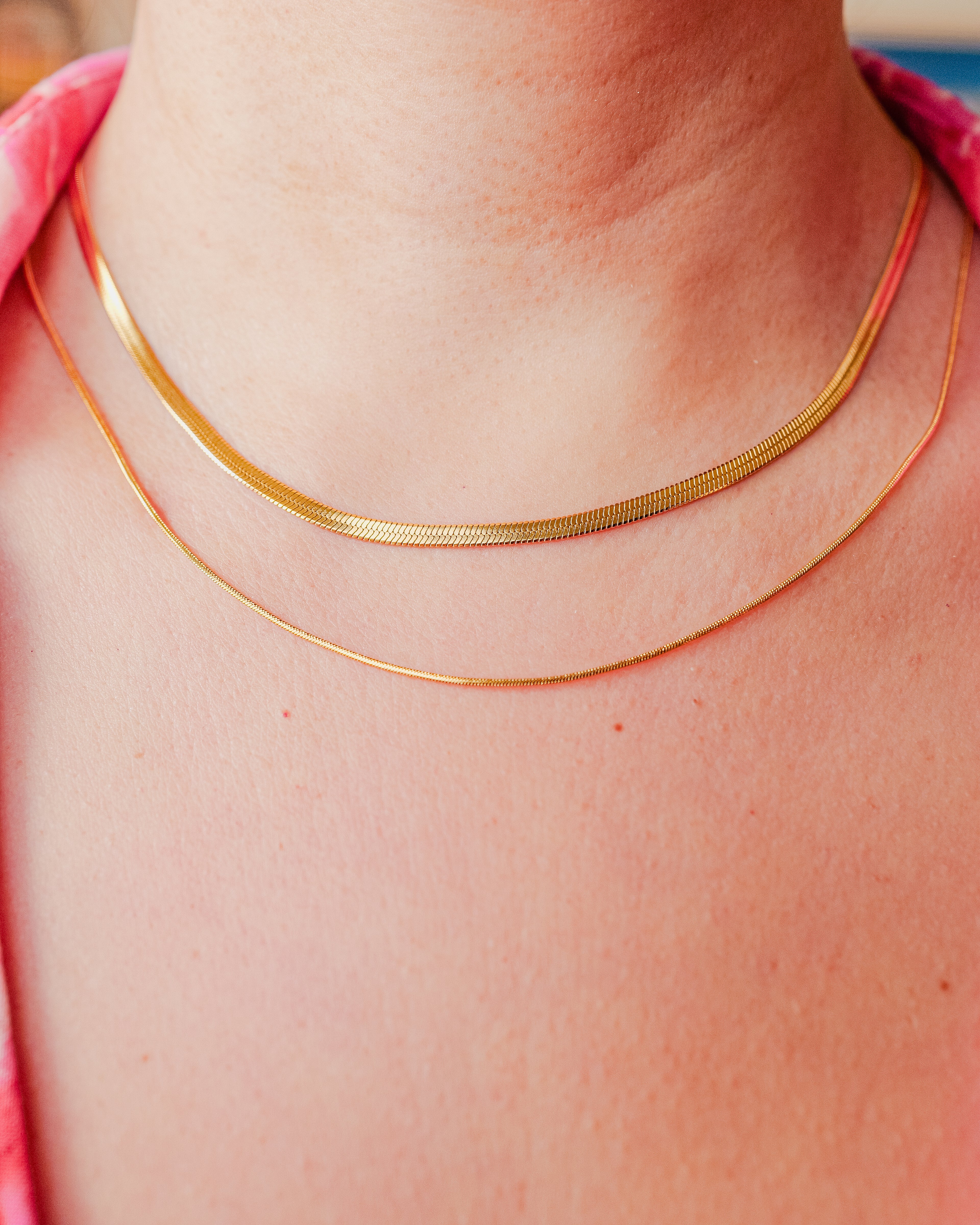 Jean 18K Gold Non-Tarnish Layered Flat Snake Chain Necklace