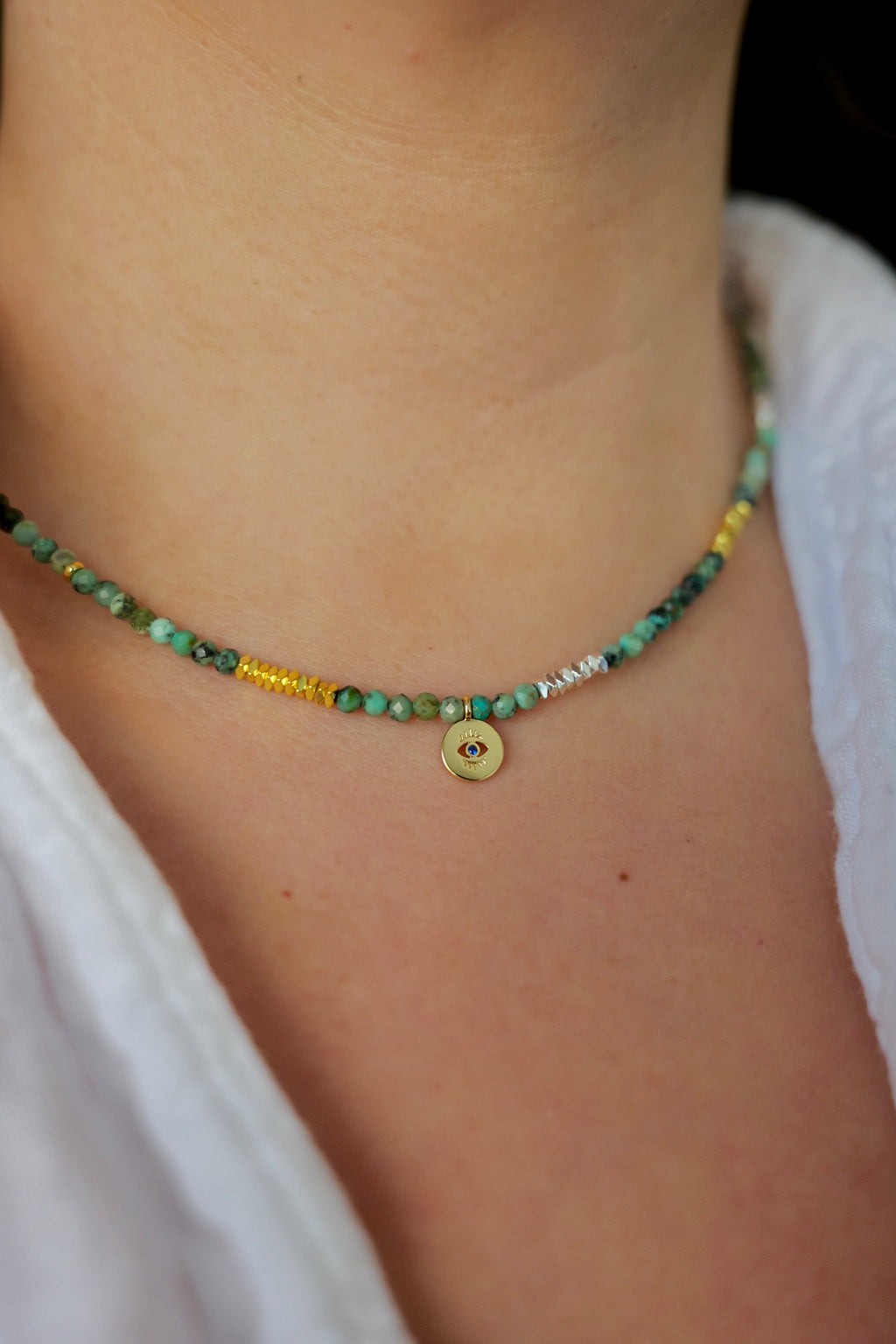 Emerald Evil Eye Green Necklace Boho Style