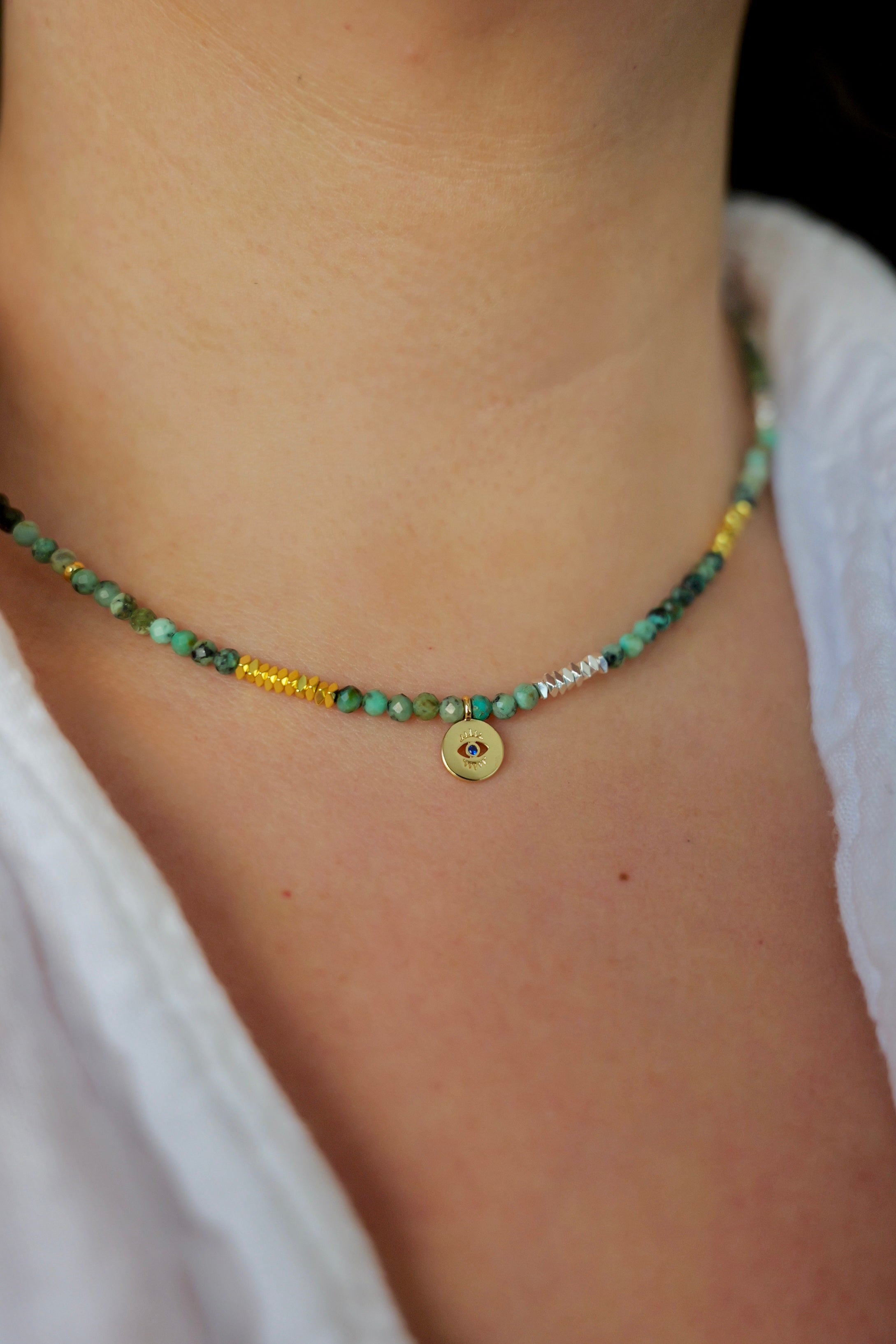 Emerald Evil Eye Green Necklace Boho Style