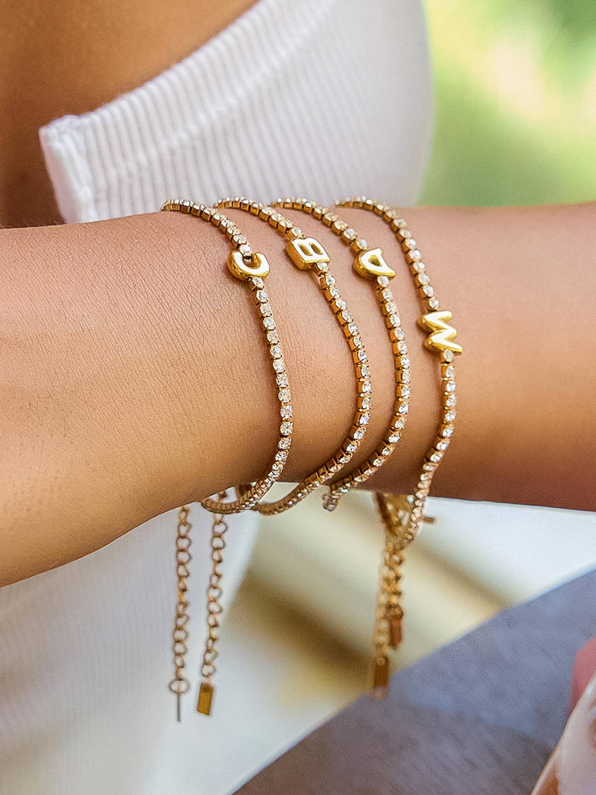 Elena 18K Gold Non-Tarnish Rhinestone Initial Letter Bracelet