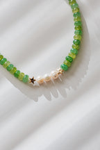 Green beaded necklace with freshwater pearls