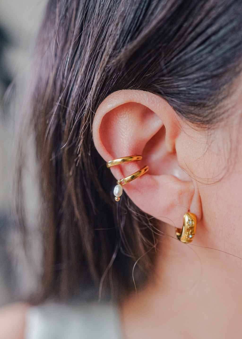 Ari 18K Gold Non-Tarnish Pearl Hoop Ear Cuff