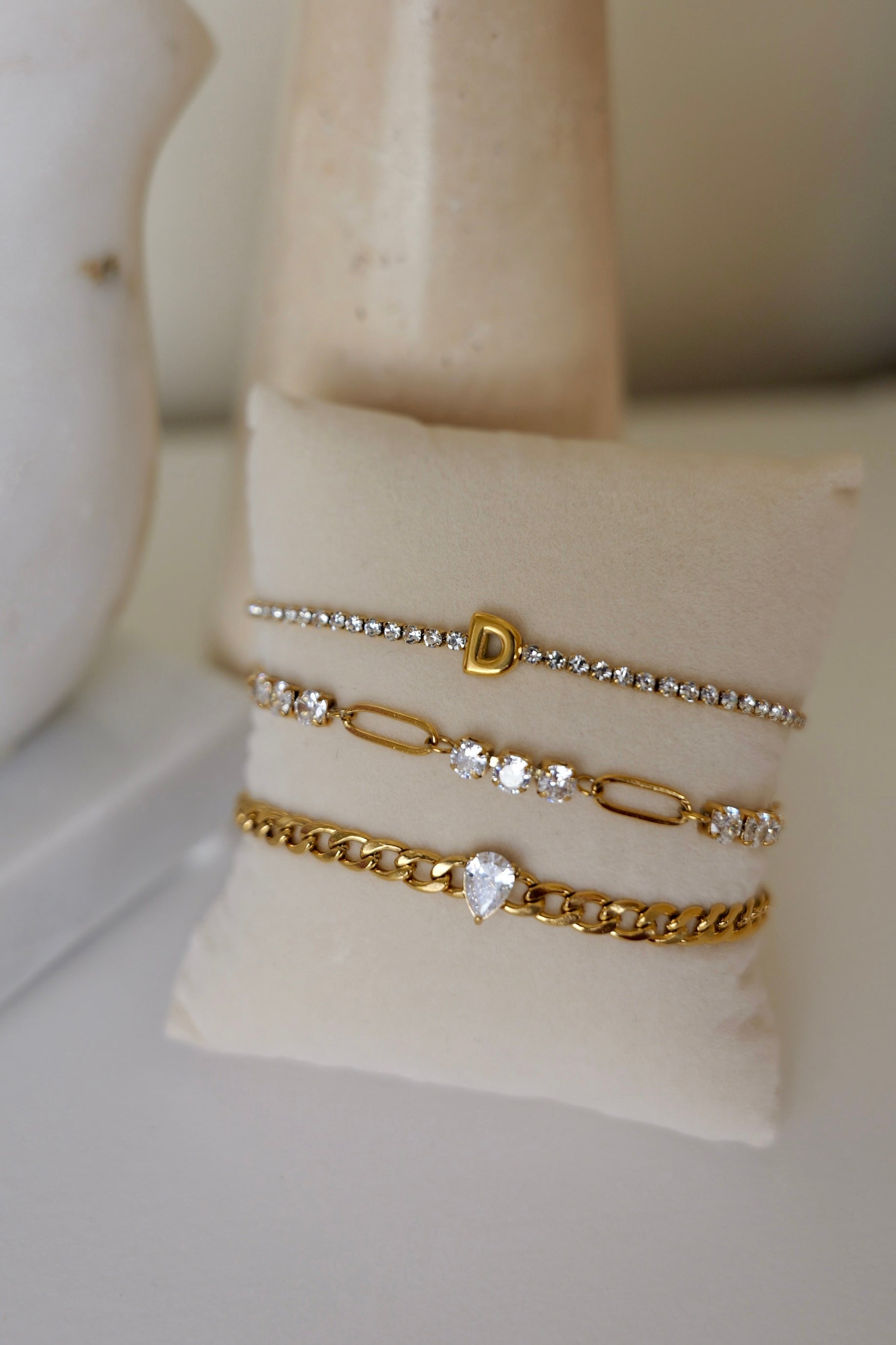 Elena 18K Gold Non-Tarnish Rhinestone Initial Letter Bracelet
