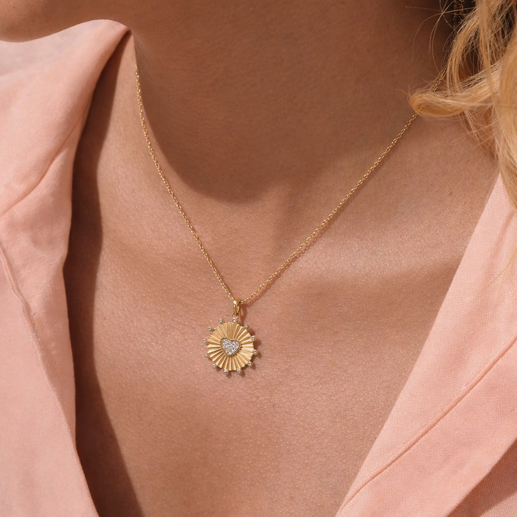 Sophie Gold Sunburst Heart Necklace – Non-Tarnish Waterproof Stainless Steel Pendant Necklace