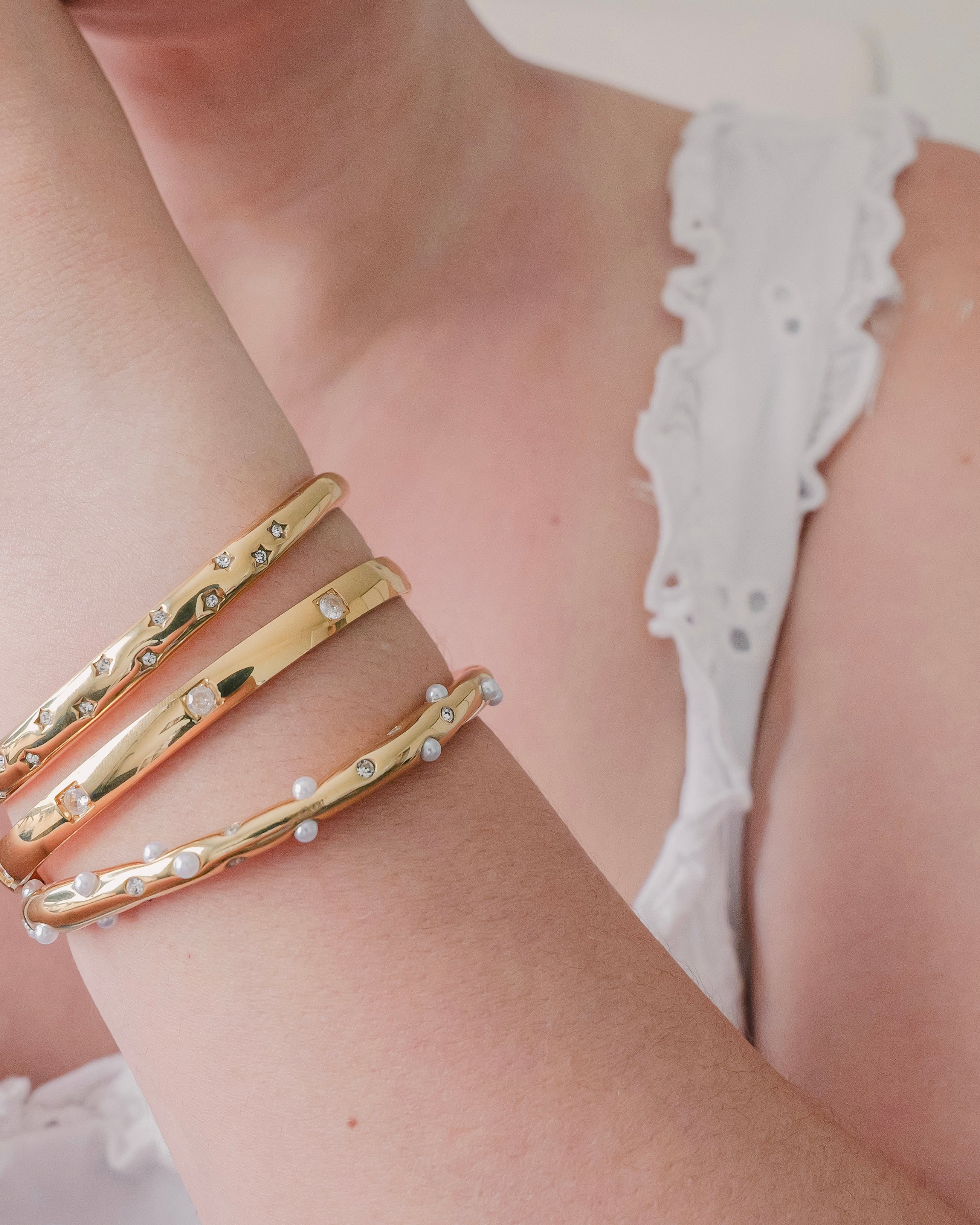 Ophelia Pearl CZ Open Gold Bangle