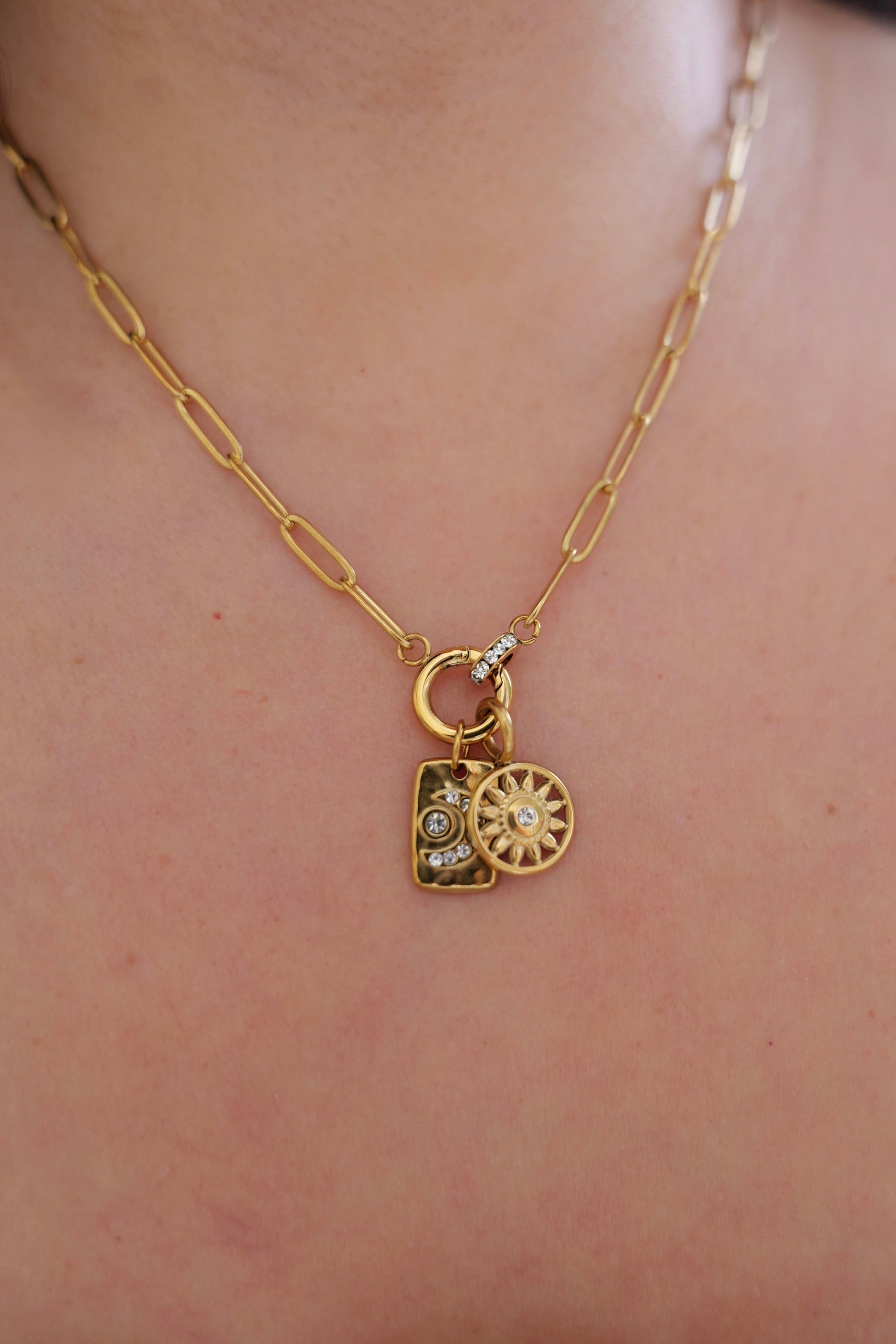 16" 18K Gold Paperclip Rhinestone Charm Holder Necklace