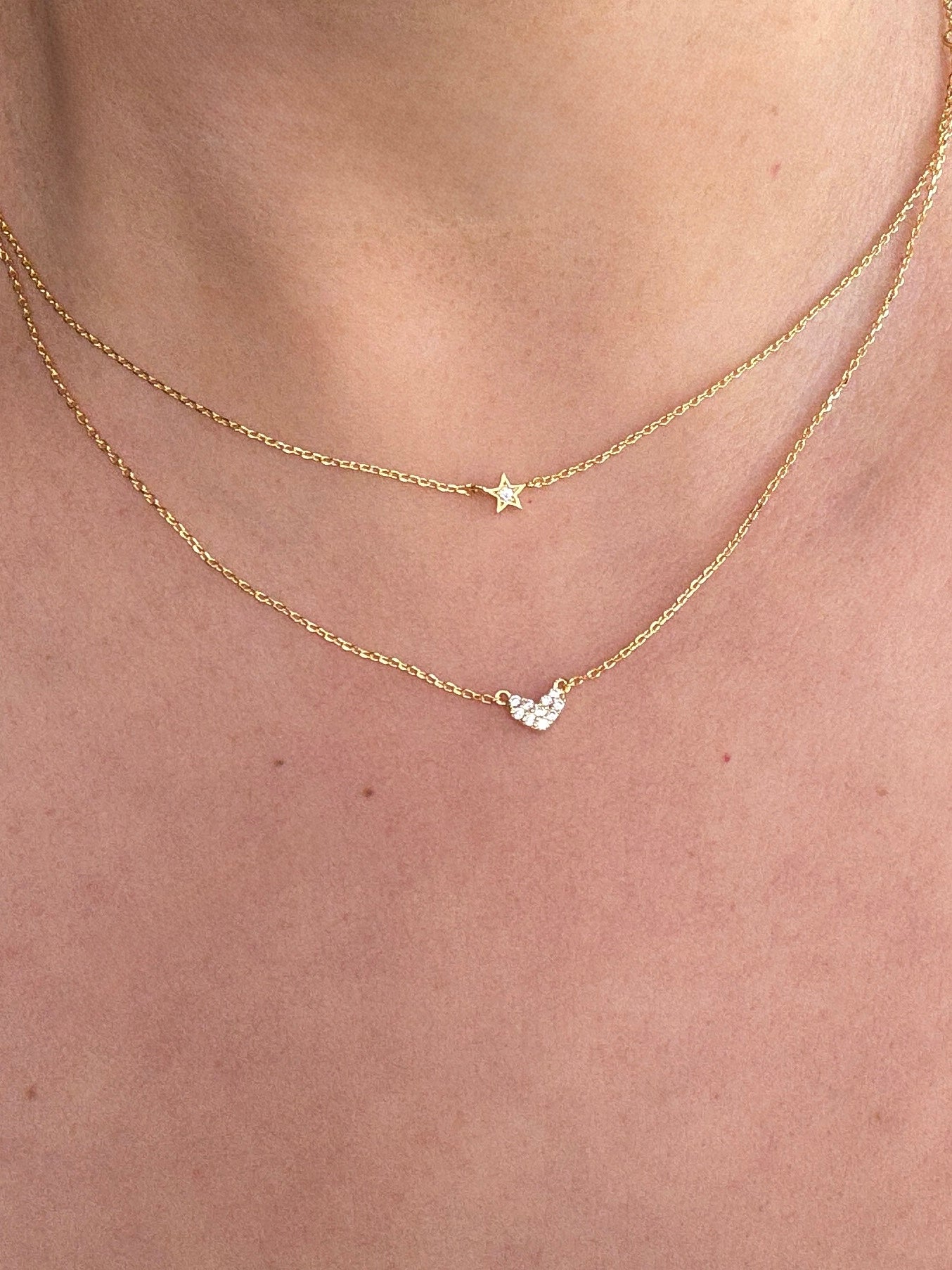Layered Chain Pave Heart Star Necklace