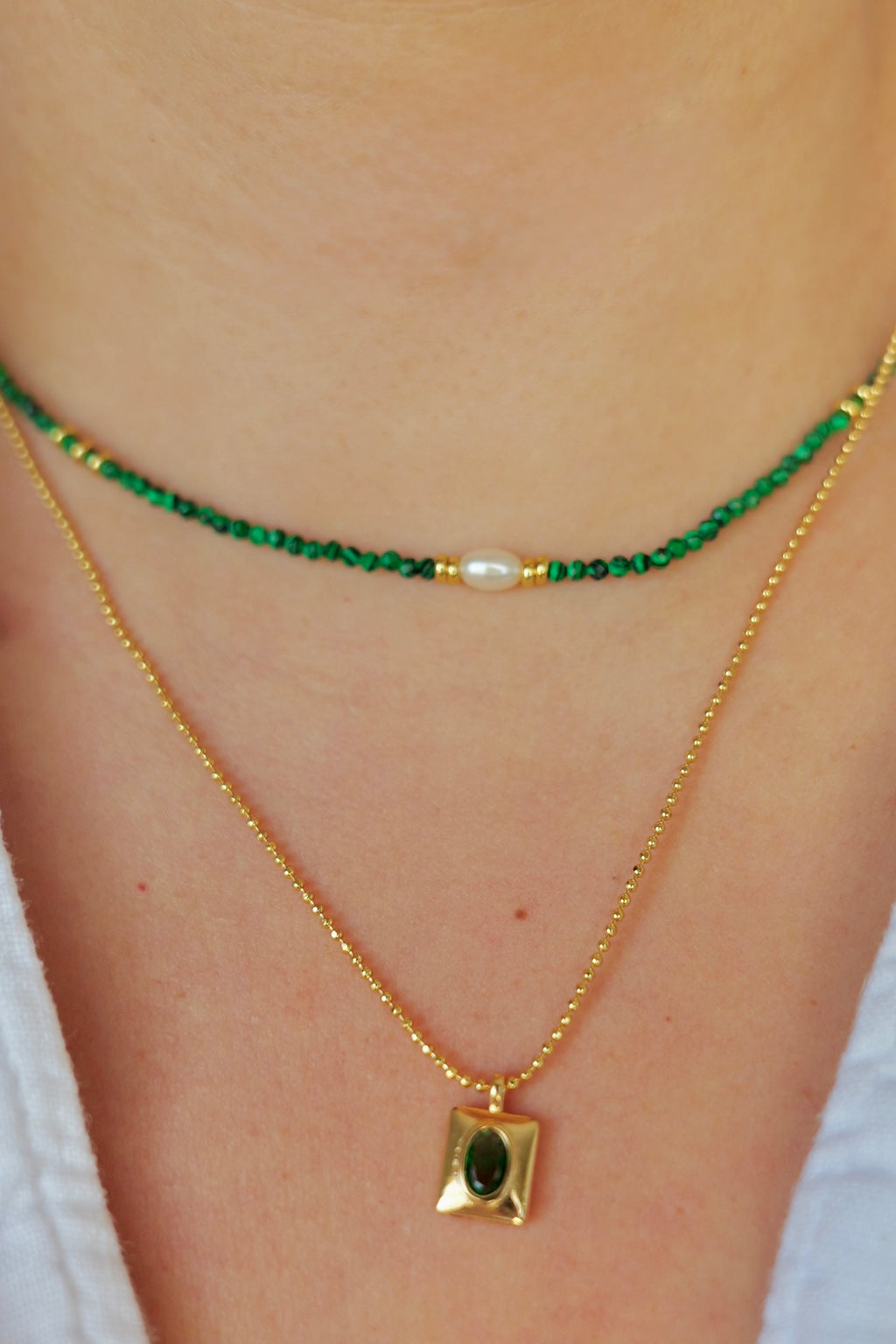 Emerald 18K Gold Boho Green Beaded Layer Necklace