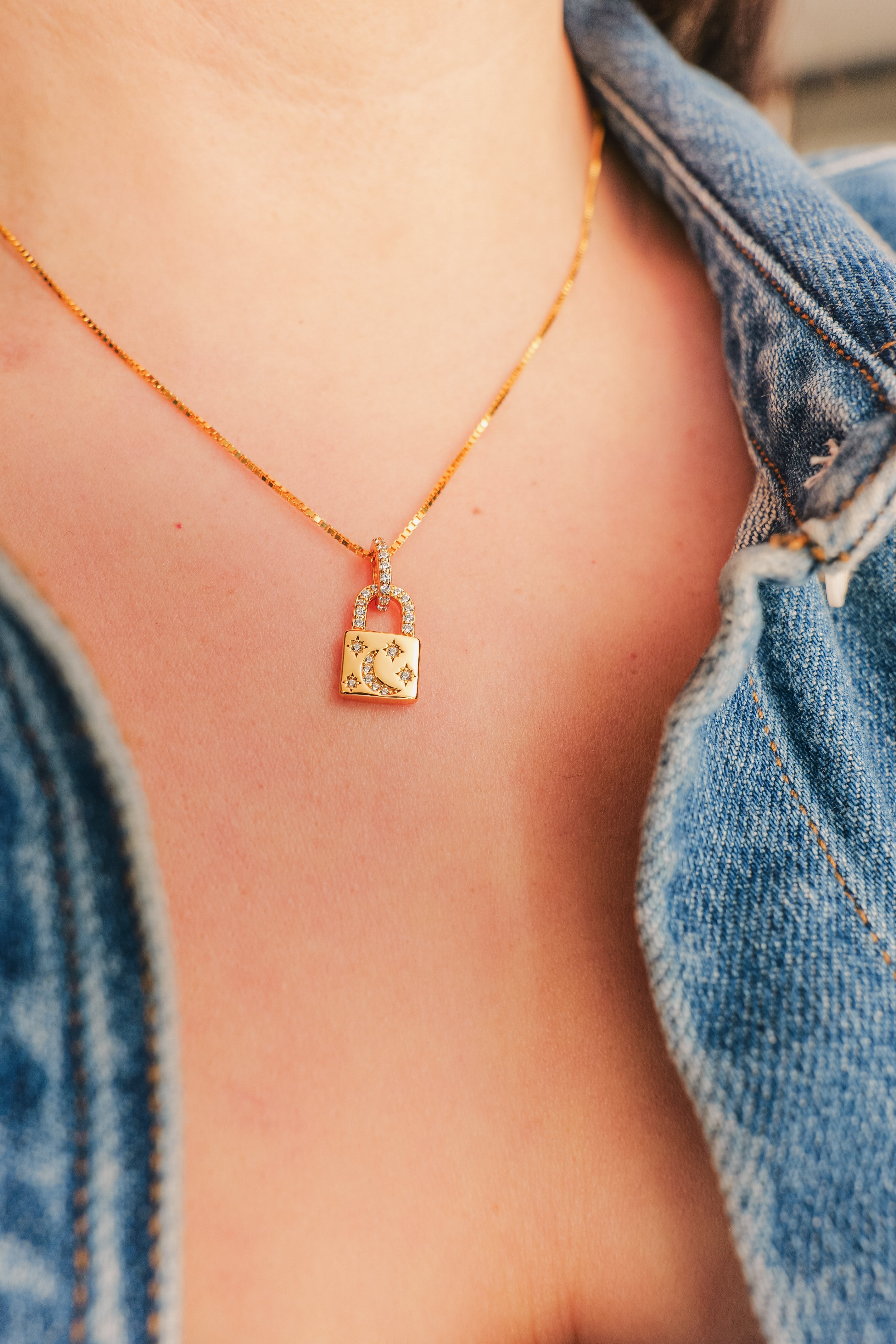 Moonlit Lock Necklace – Sterling Silver 18K Gold Plated Padlock Pendant with Crescent & Stars