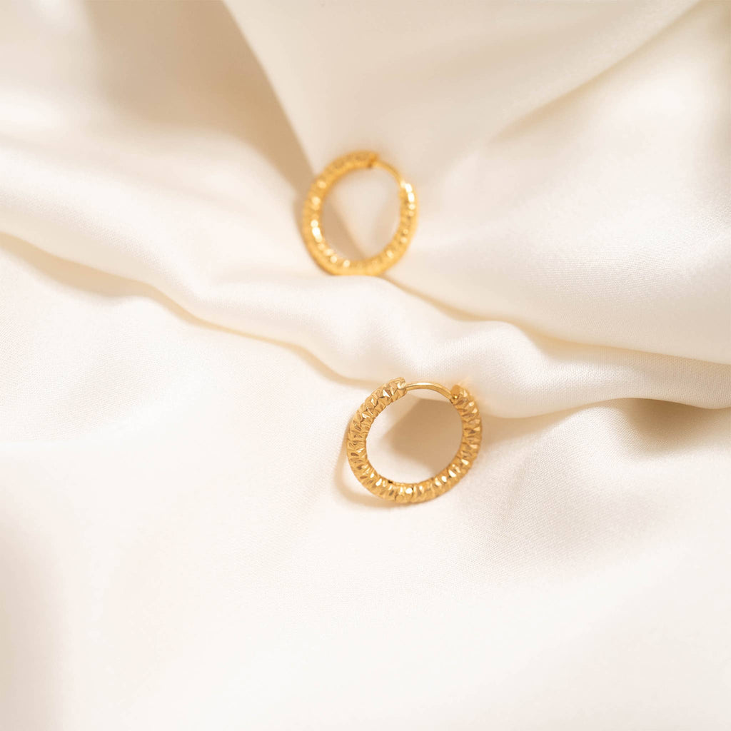 18K Gold Plated Stainless Steel Textured Hoop Earrings 15mm