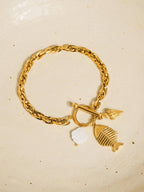 Bone 18K Gold Non-Tarnish Fishbone Shell Charm Bracelet