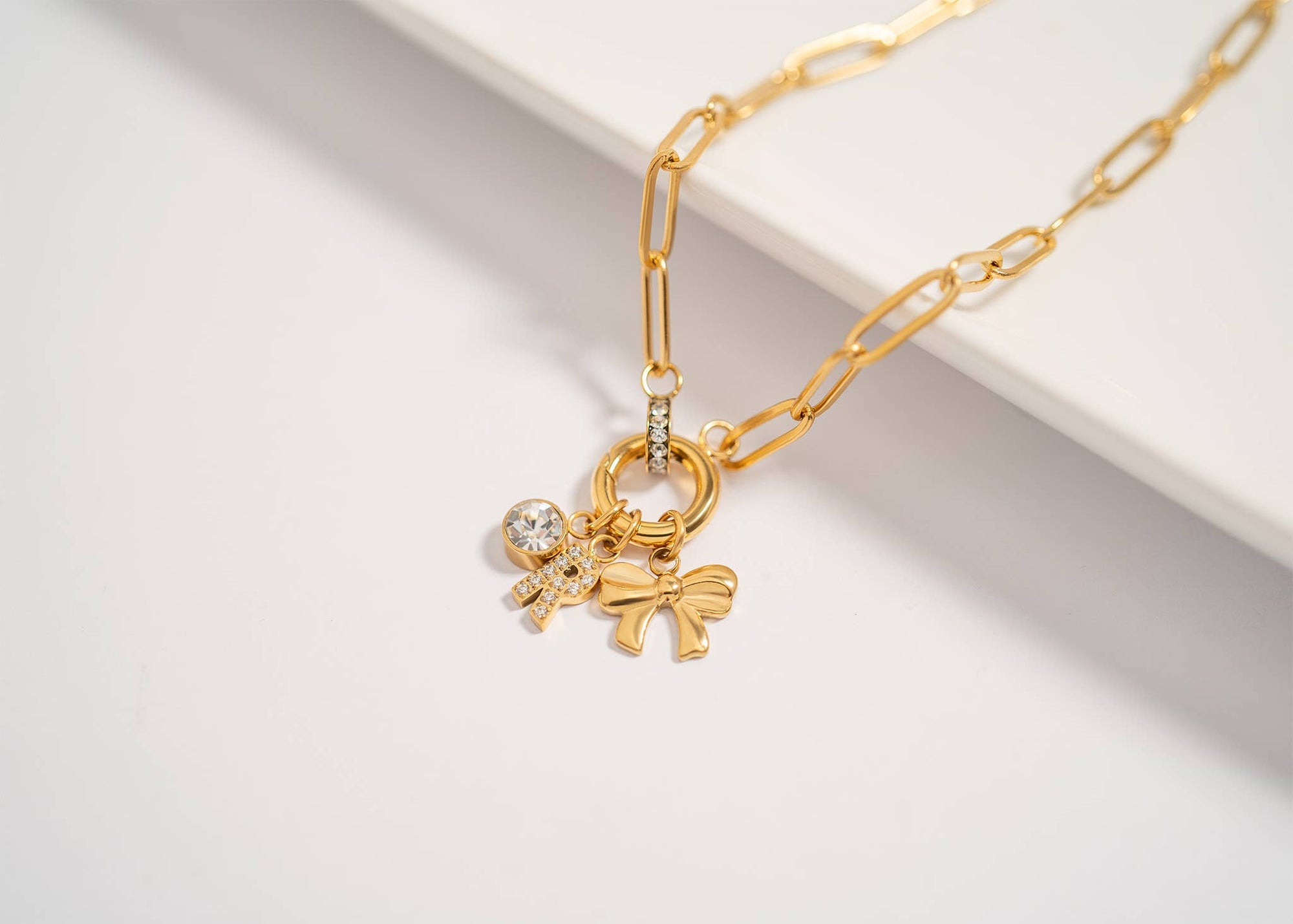 16" 18K Gold Paperclip Rhinestone Charm Holder Necklace