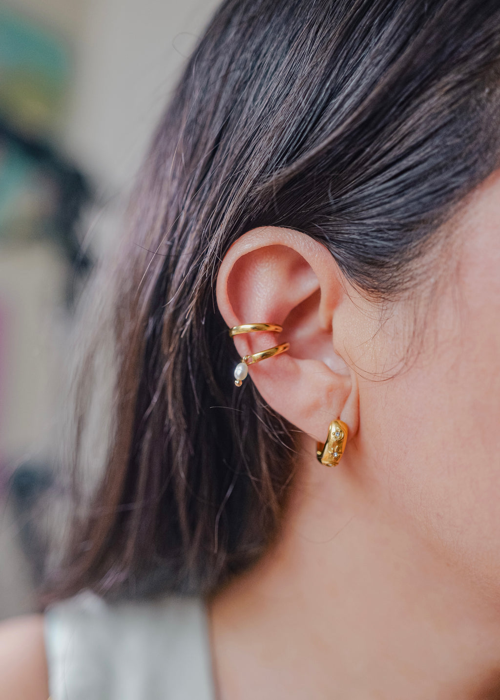 Ari 18K Gold Non-Tarnish Pearl Hoop Ear Cuff