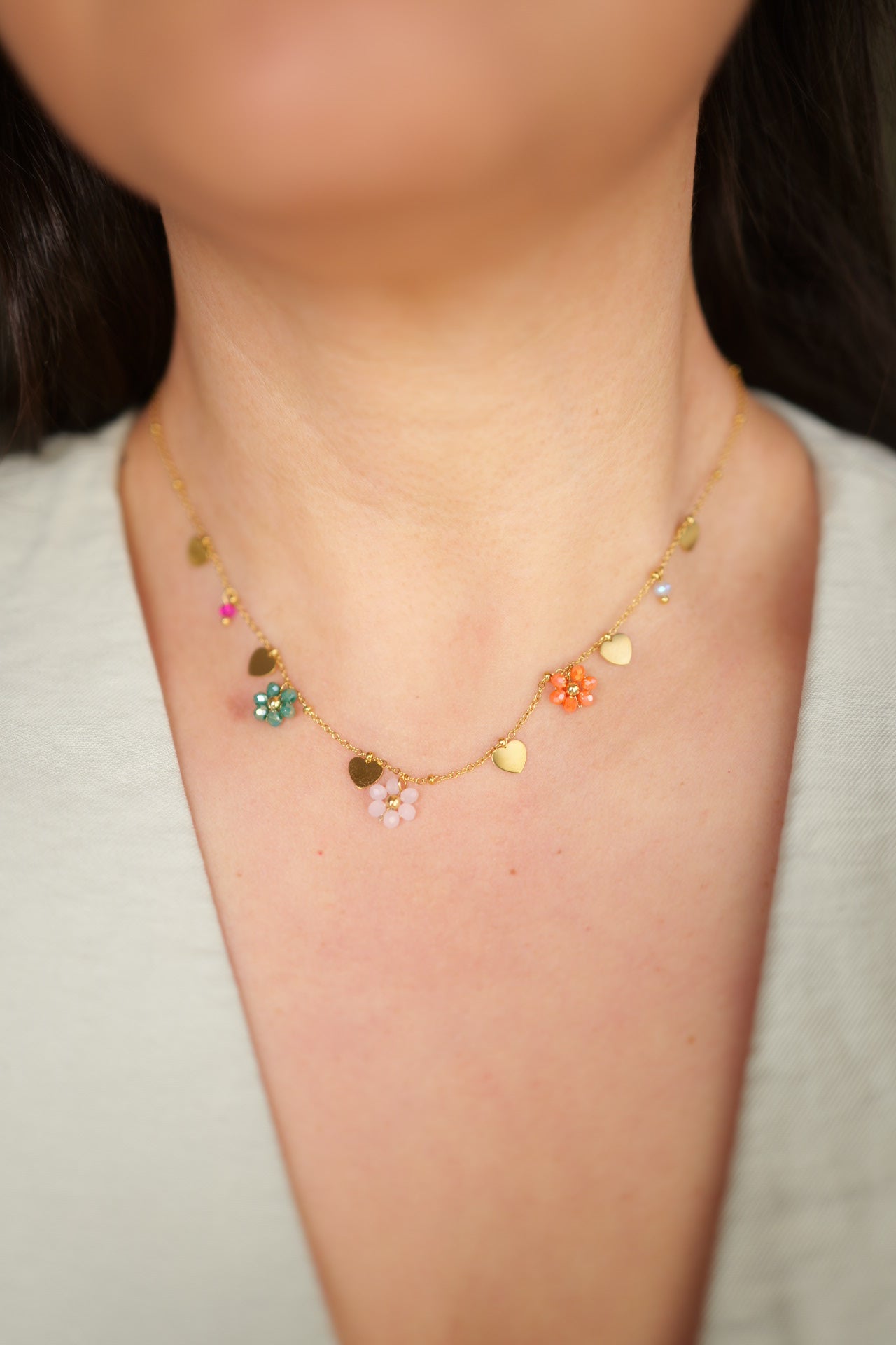18K Gold Plating Non-Tarnish Flower & Hearts Necklace