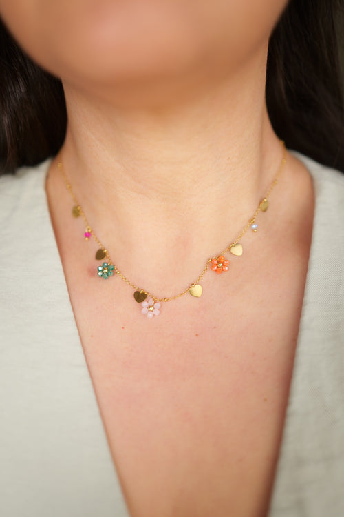 18K Gold Plating Non-Tarnish Flower & Hearts Necklace