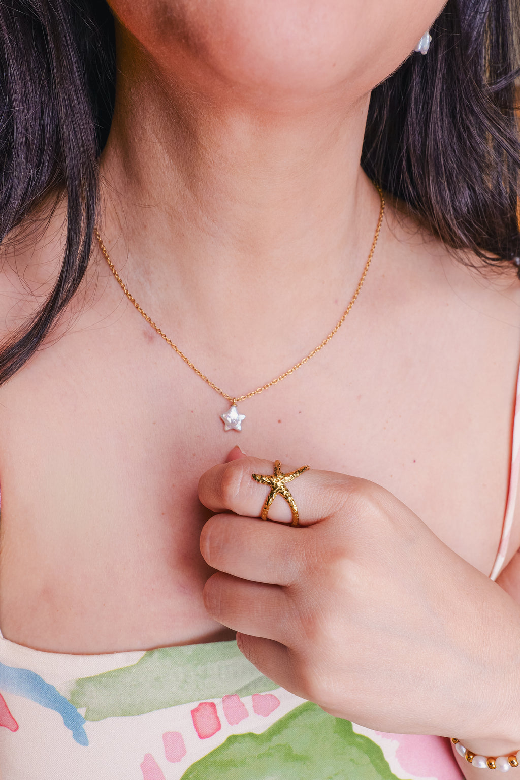 Coral Gold Starfish Adjustable Ring | Waterproof Tarnish-Free Stainless Steel | Open Band Ring