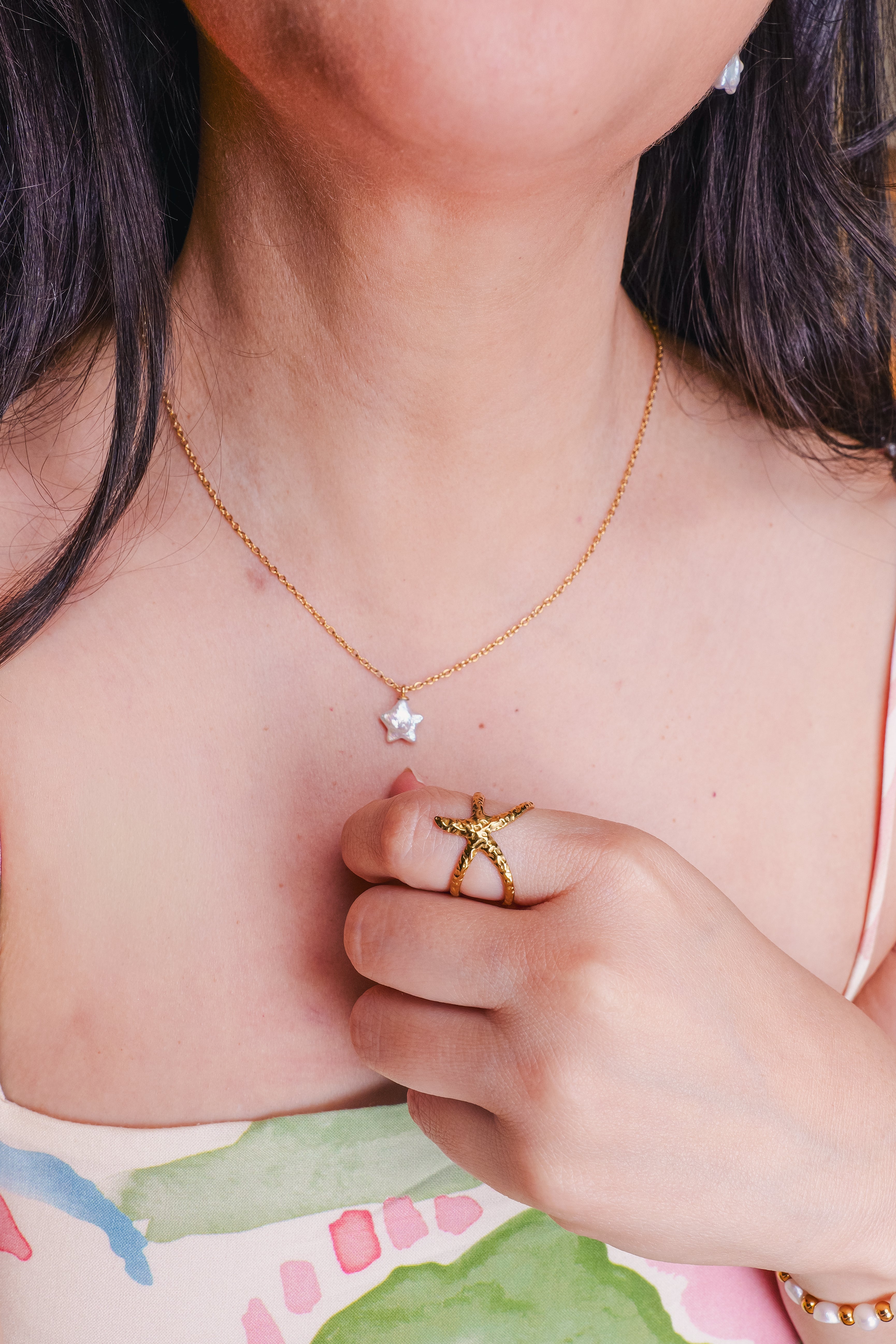 Coral Gold Starfish Adjustable Ring | Waterproof Tarnish-Free Stainless Steel | Open Band Ring