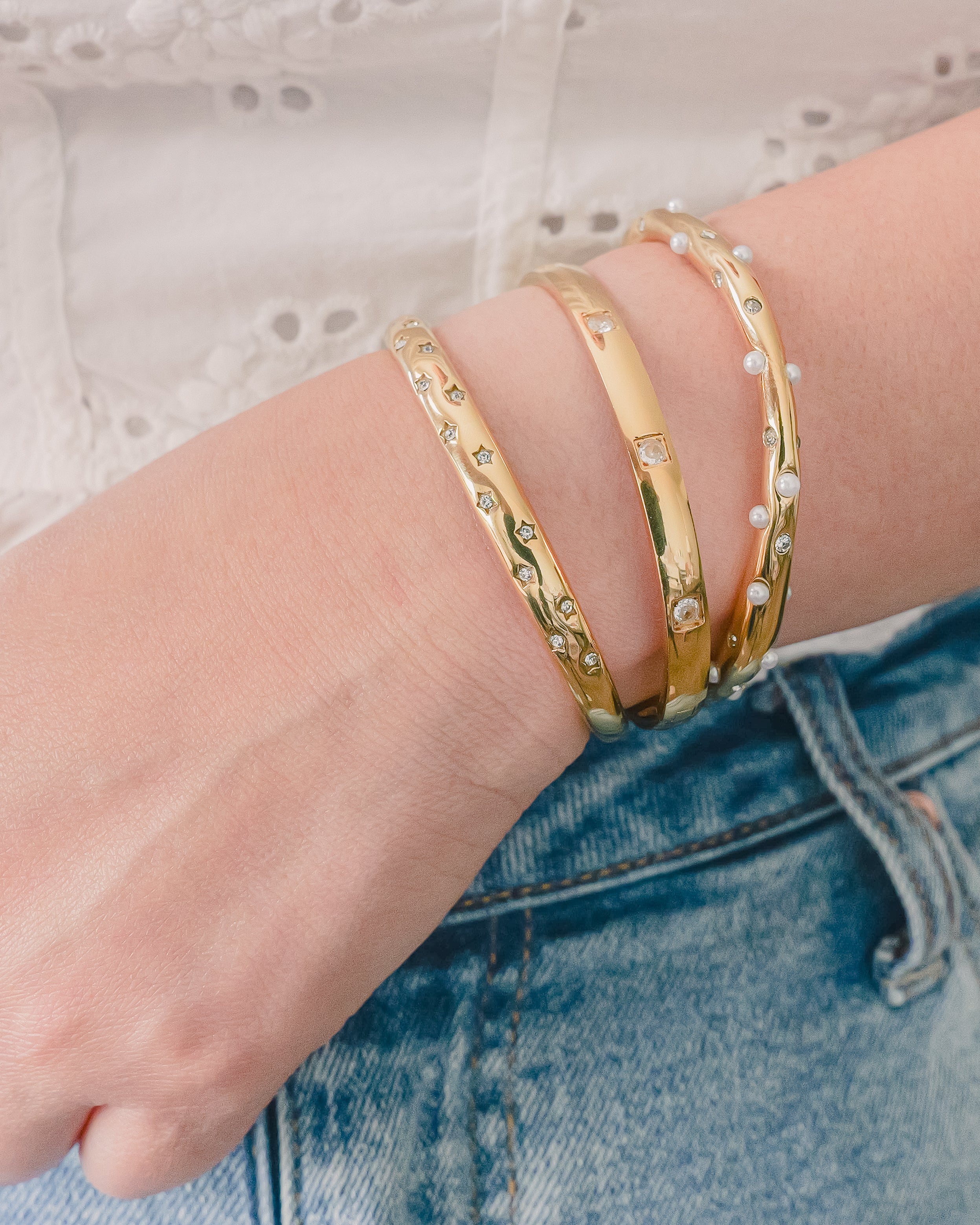 Ophelia Pearl CZ Open Gold Bangle