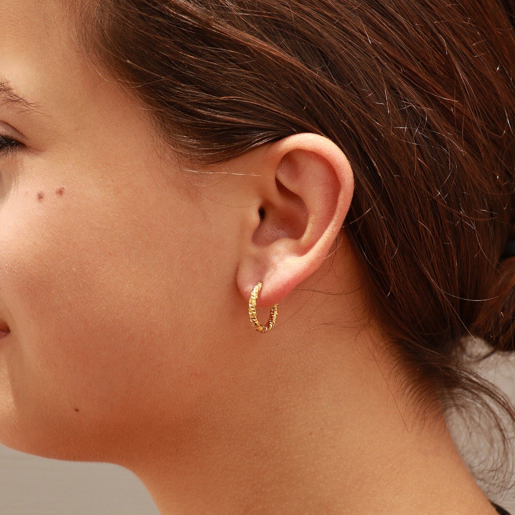 18K Gold Plated Stainless Steel Textured Hoop Earrings 15mm