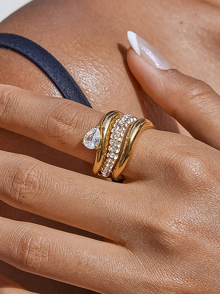 The Mara Ring – Chunky Gold Stacked Teardrop Crystal Ring