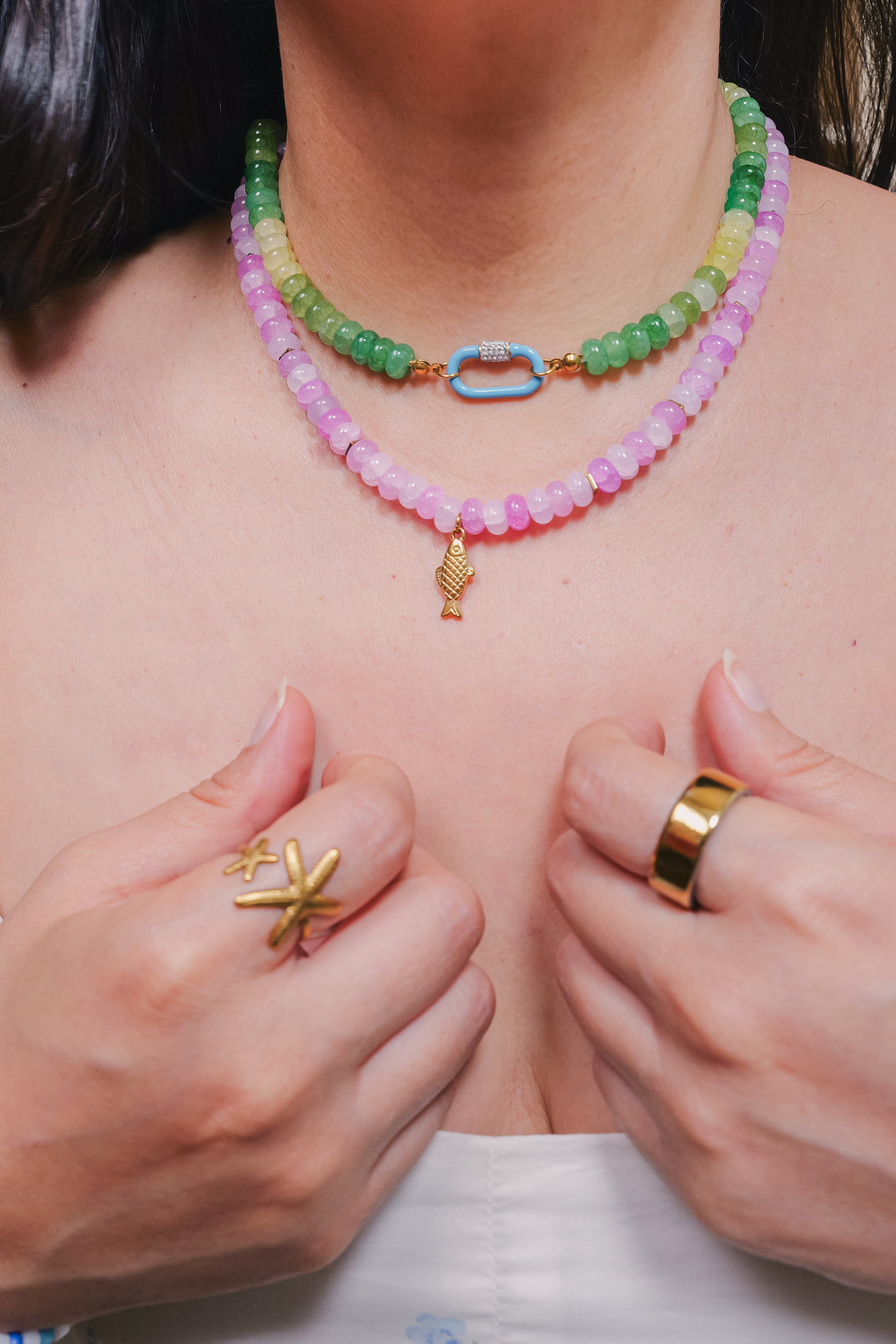 Pink Beaded Necklace with Sardine Chatm