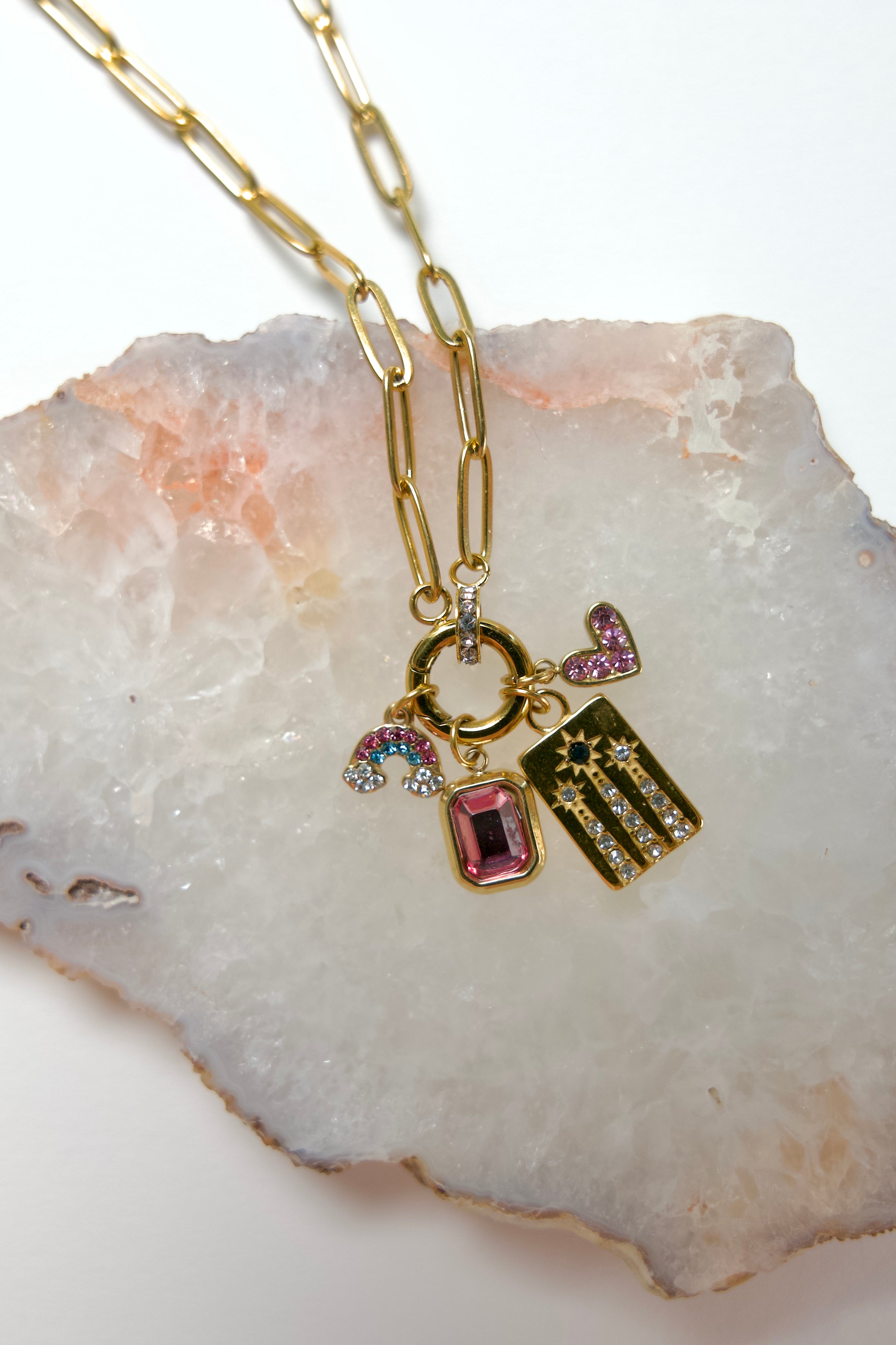 16" 18K Gold Paperclip Rhinestone Charm Holder Necklace