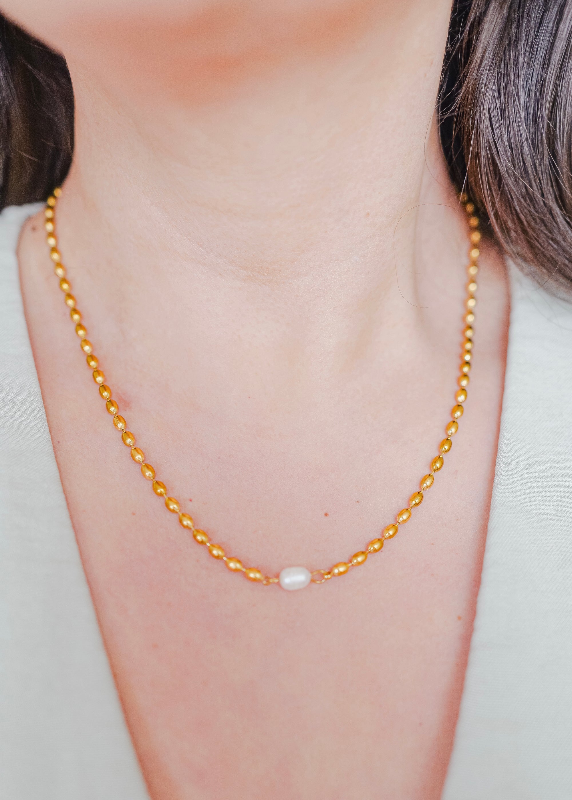 Izzy 18K Gold Non-Tarnish Pearl Ball Chain Necklace