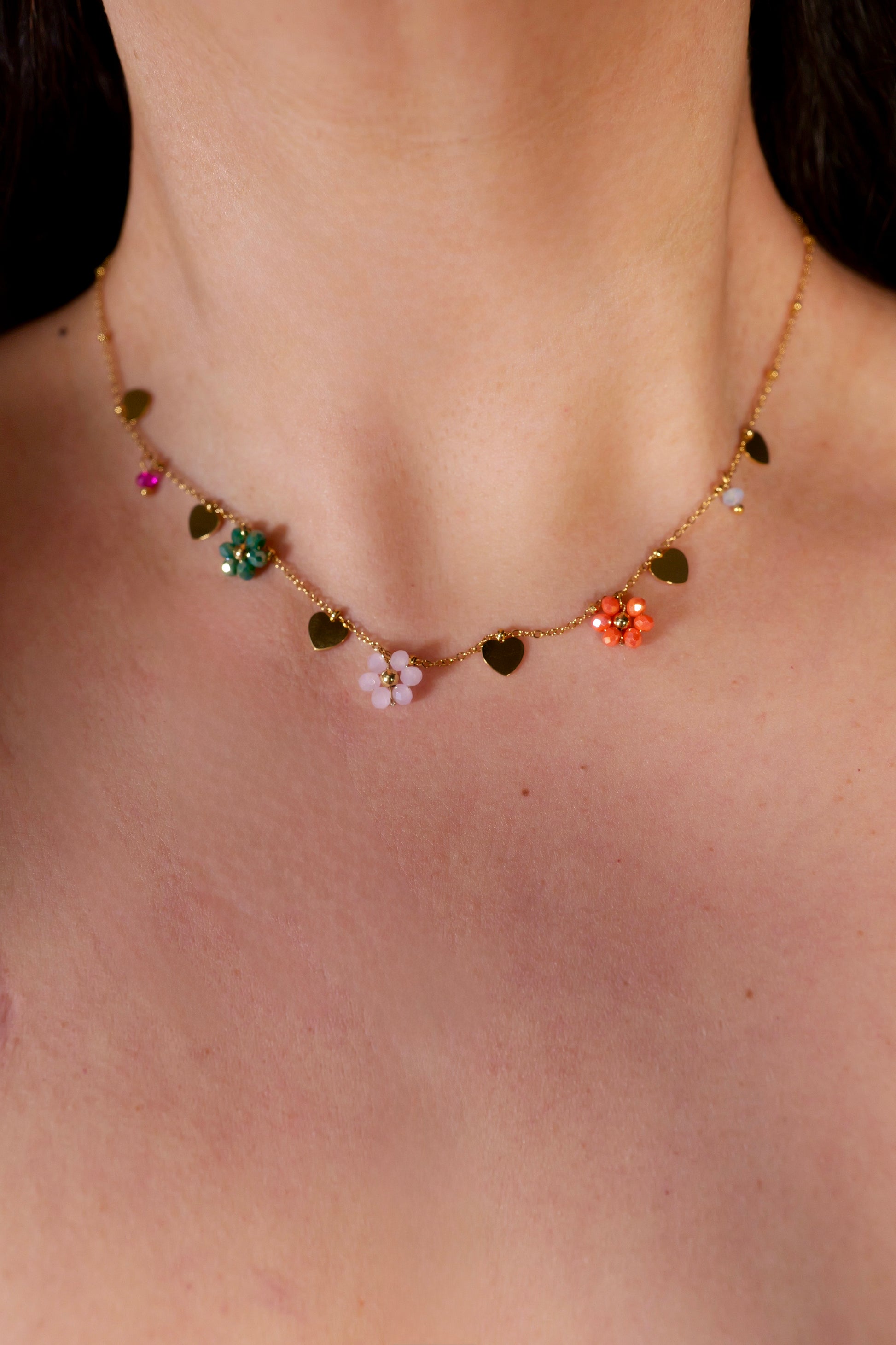 18K Gold Plating Non-Tarnish Flower & Hearts Necklace