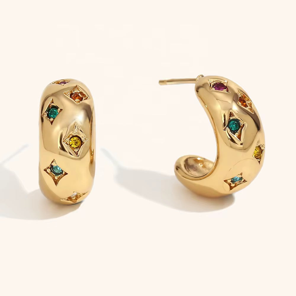 Aurora Chunky Gold Hoop Earrings with Colorful Stones | Waterproof Non-Tarnish Hoops