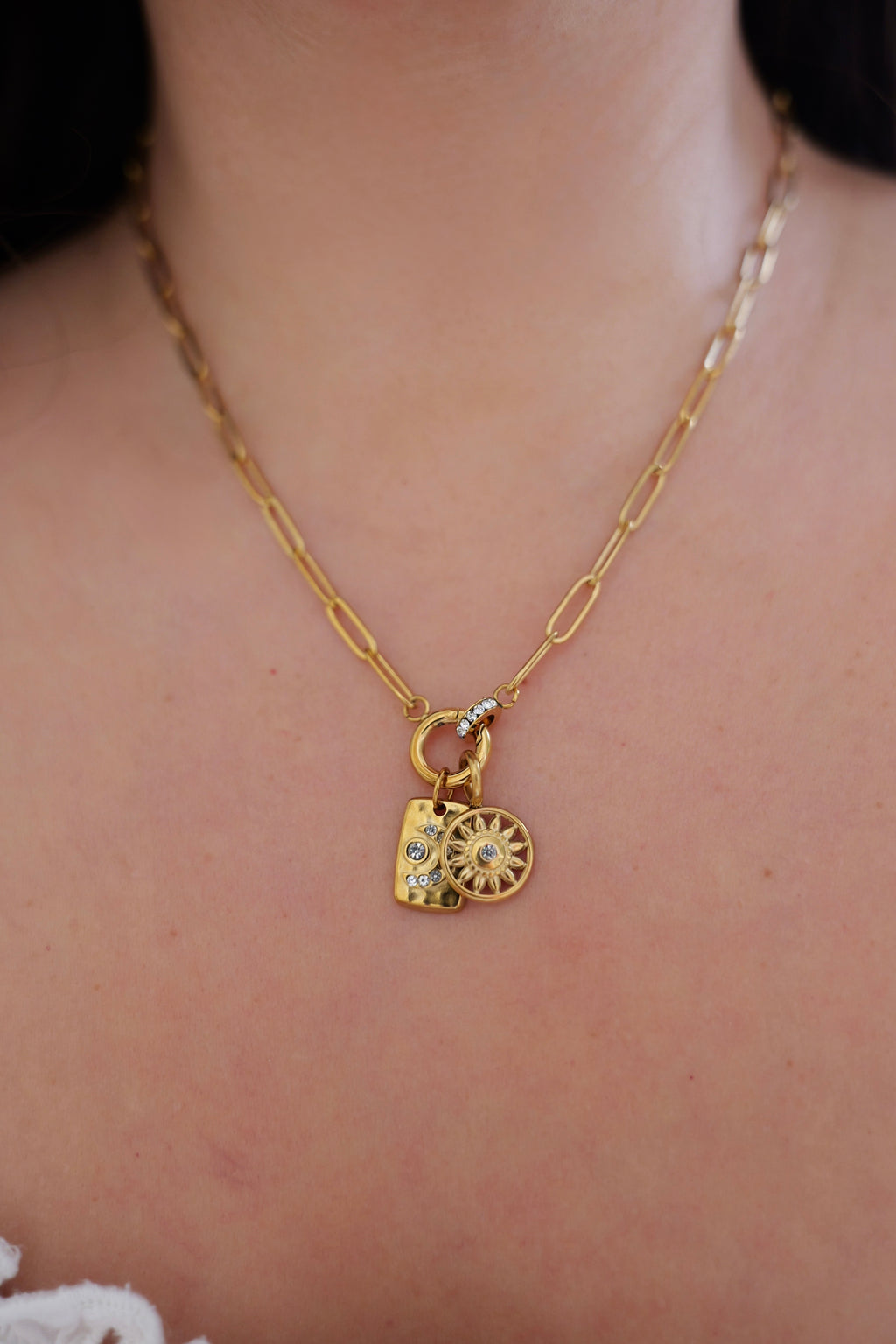 16" 18K Gold Paperclip Rhinestone Charm Holder Necklace