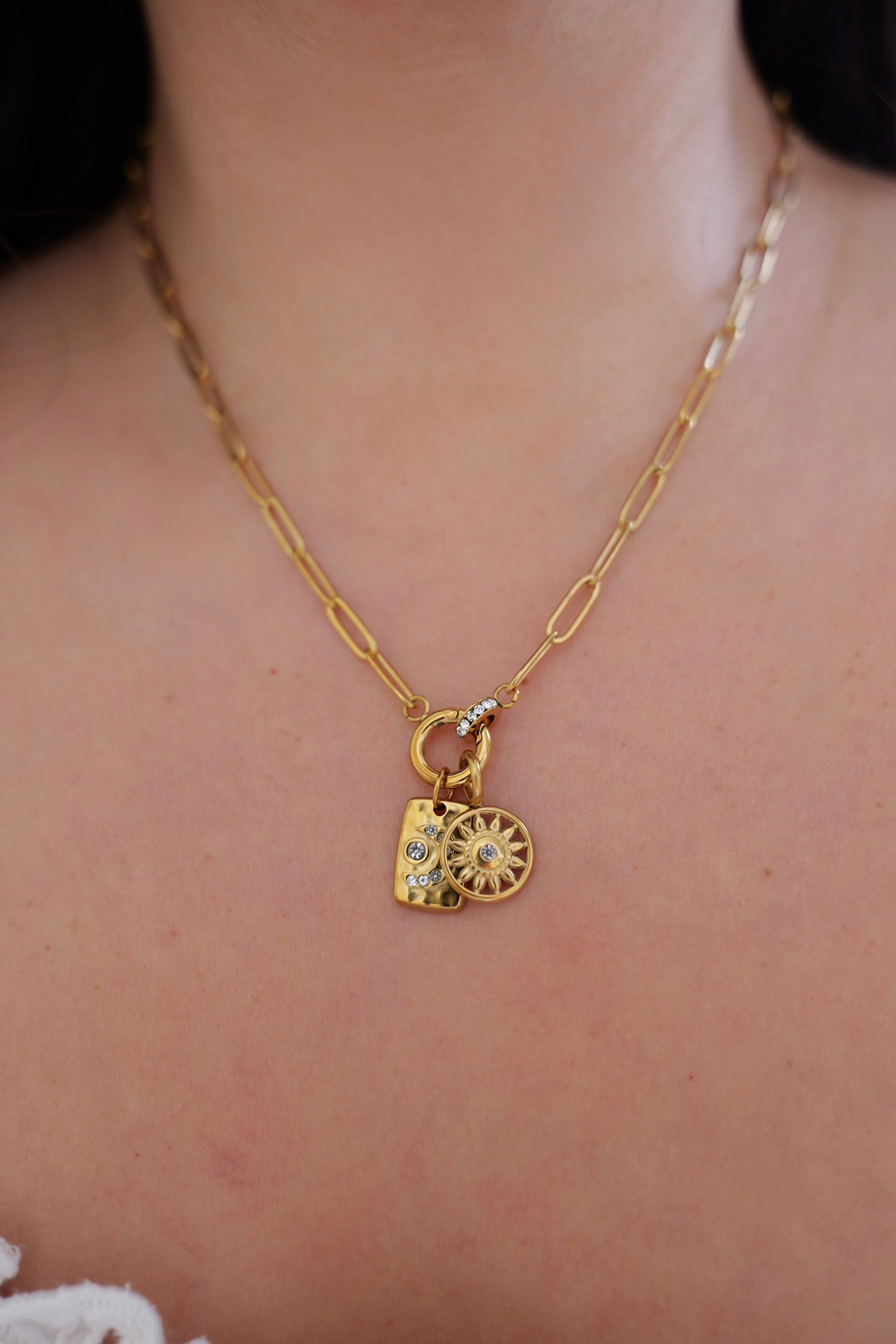 16" 18K Gold Paperclip Rhinestone Charm Holder Necklace