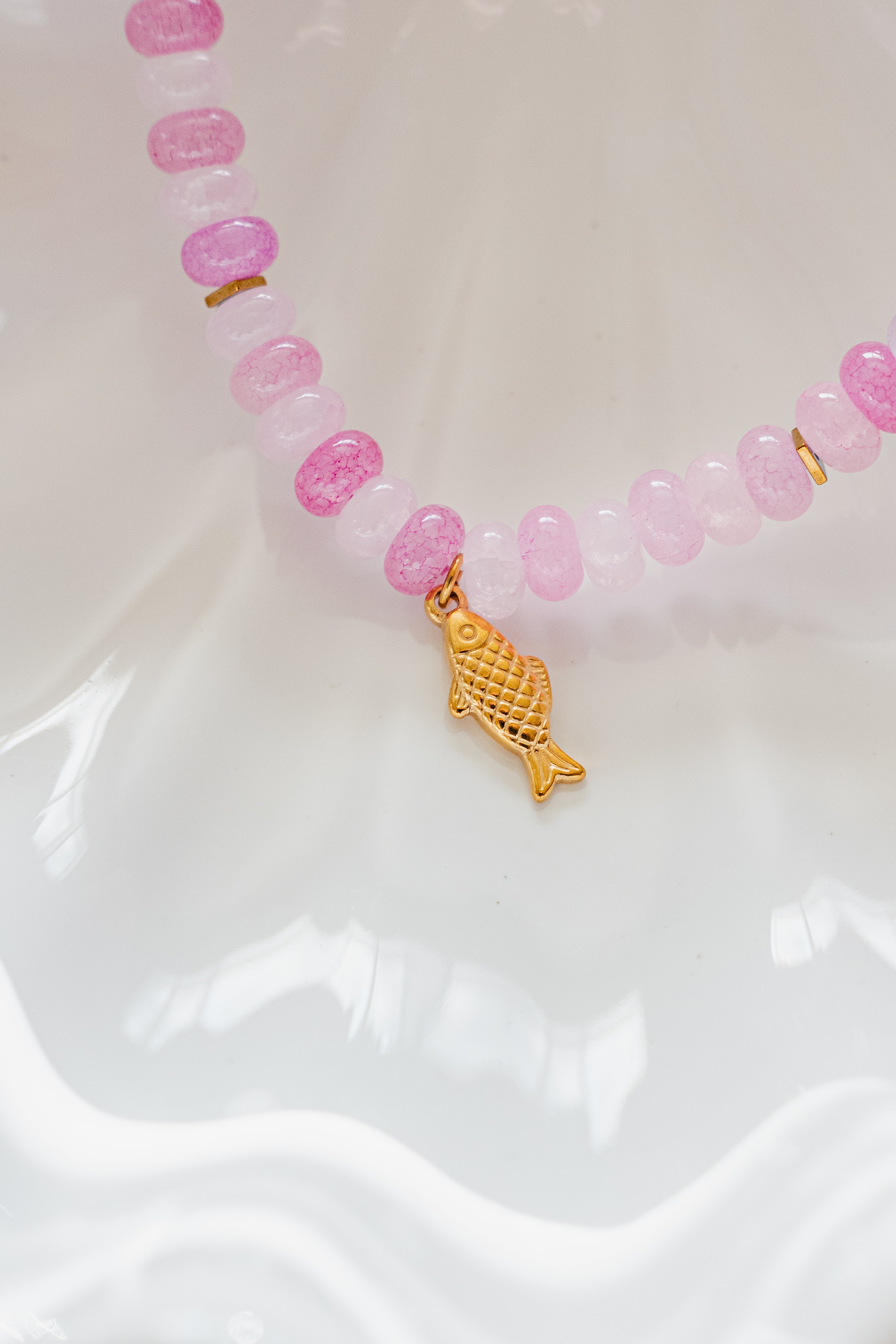 Pink Beaded Necklace with Sardine Chatm