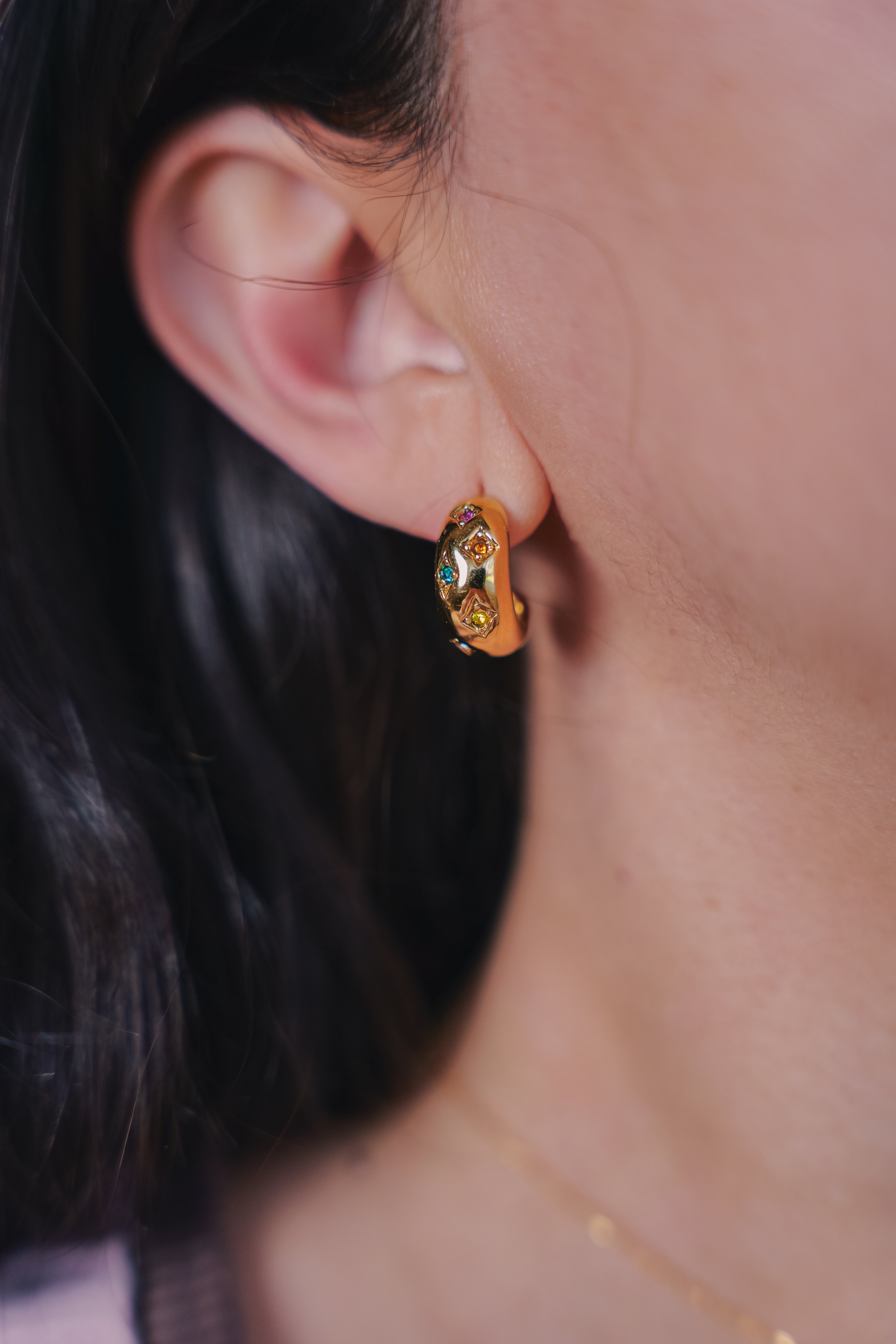 Aurora Chunky Gold Hoop Earrings with Colorful Stones | Waterproof Non-Tarnish Hoops