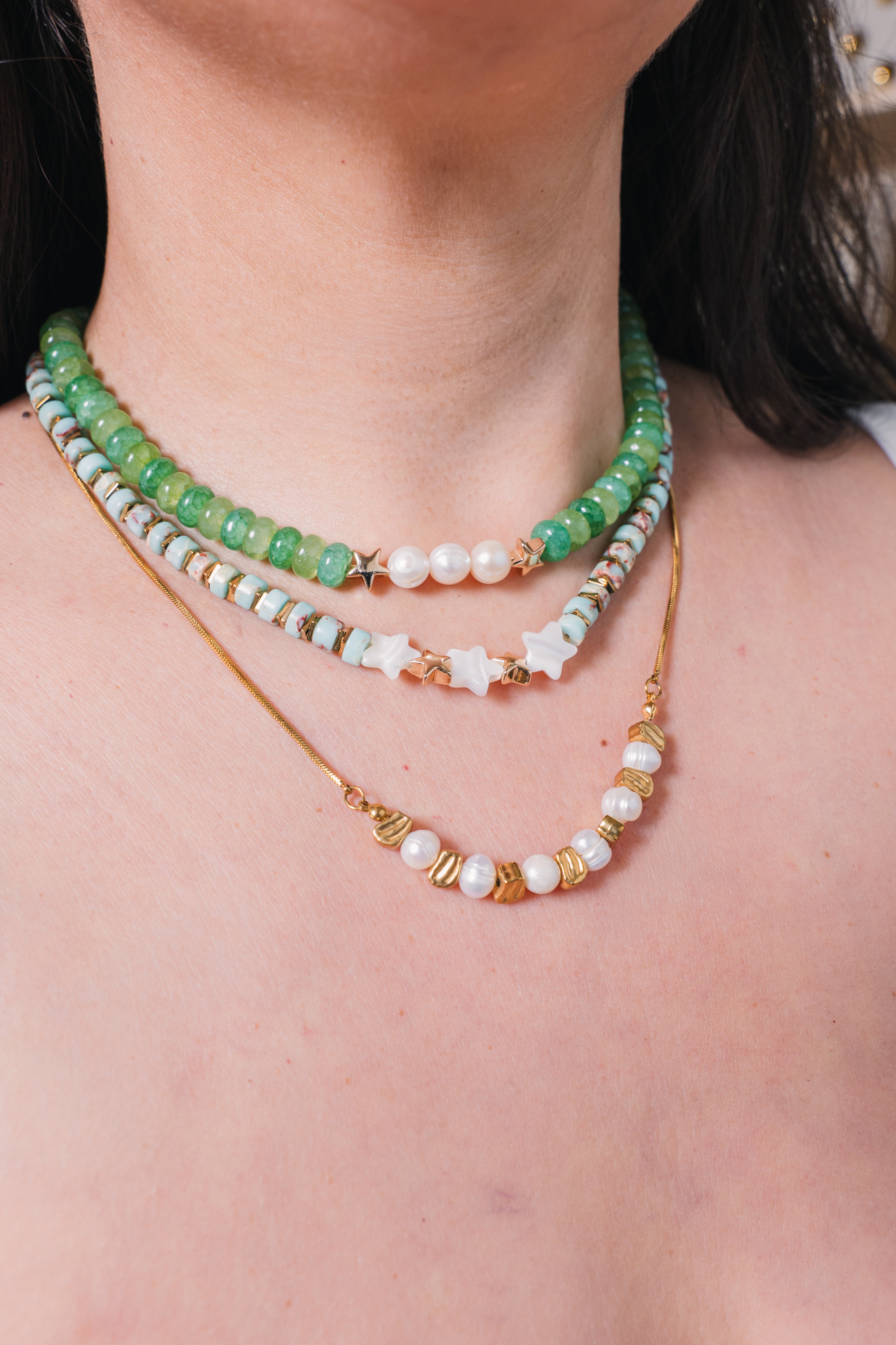 Green beaded necklace with freshwater pearls