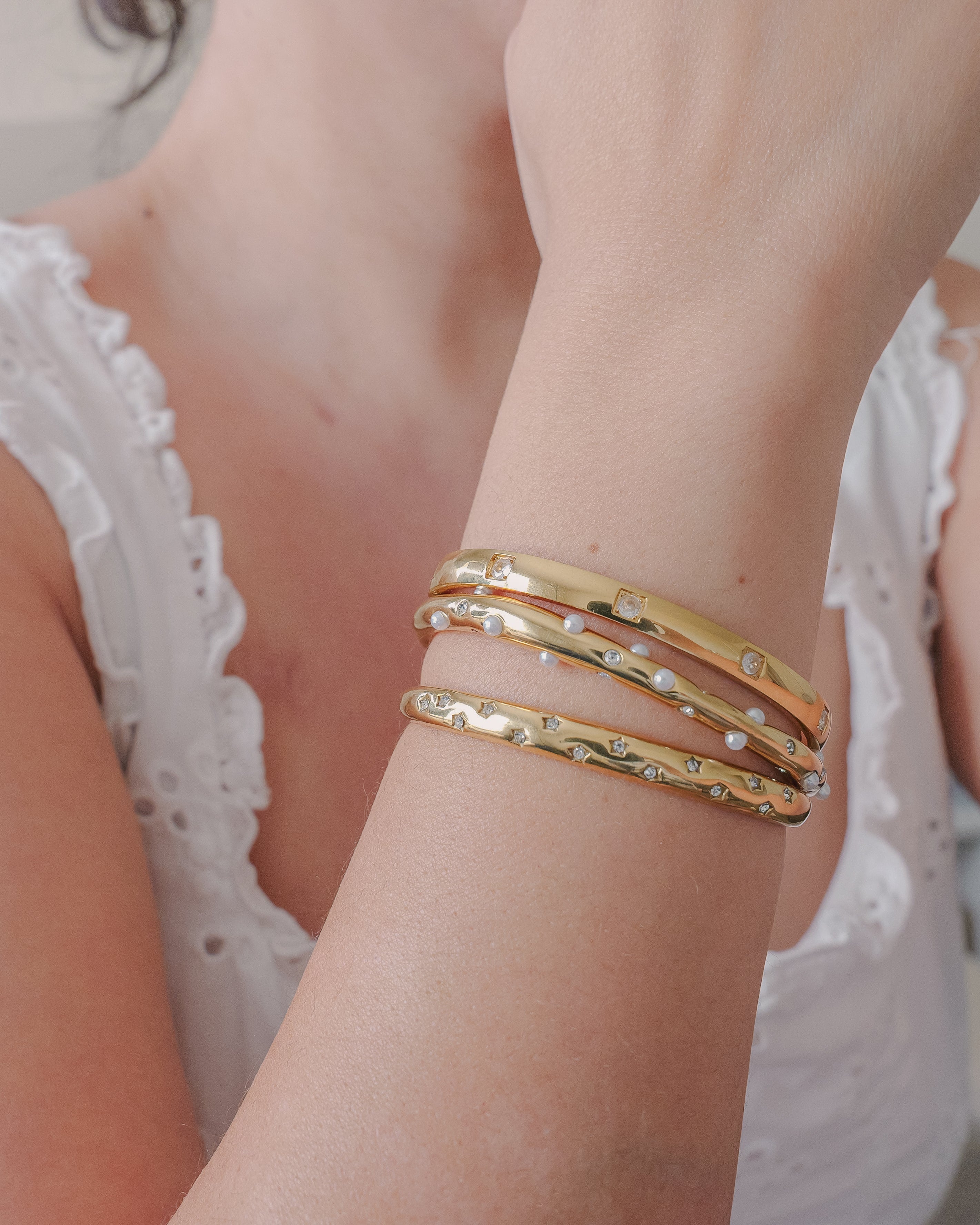 Ophelia Pearl CZ Open Gold Bangle