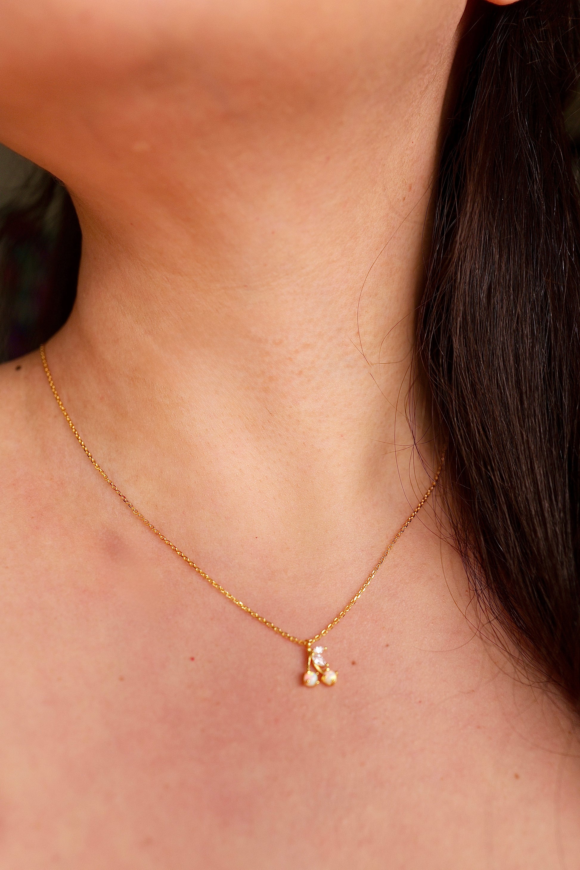 Gold Dipped Opal And Cz Cherry Pendant Brass Necklace
