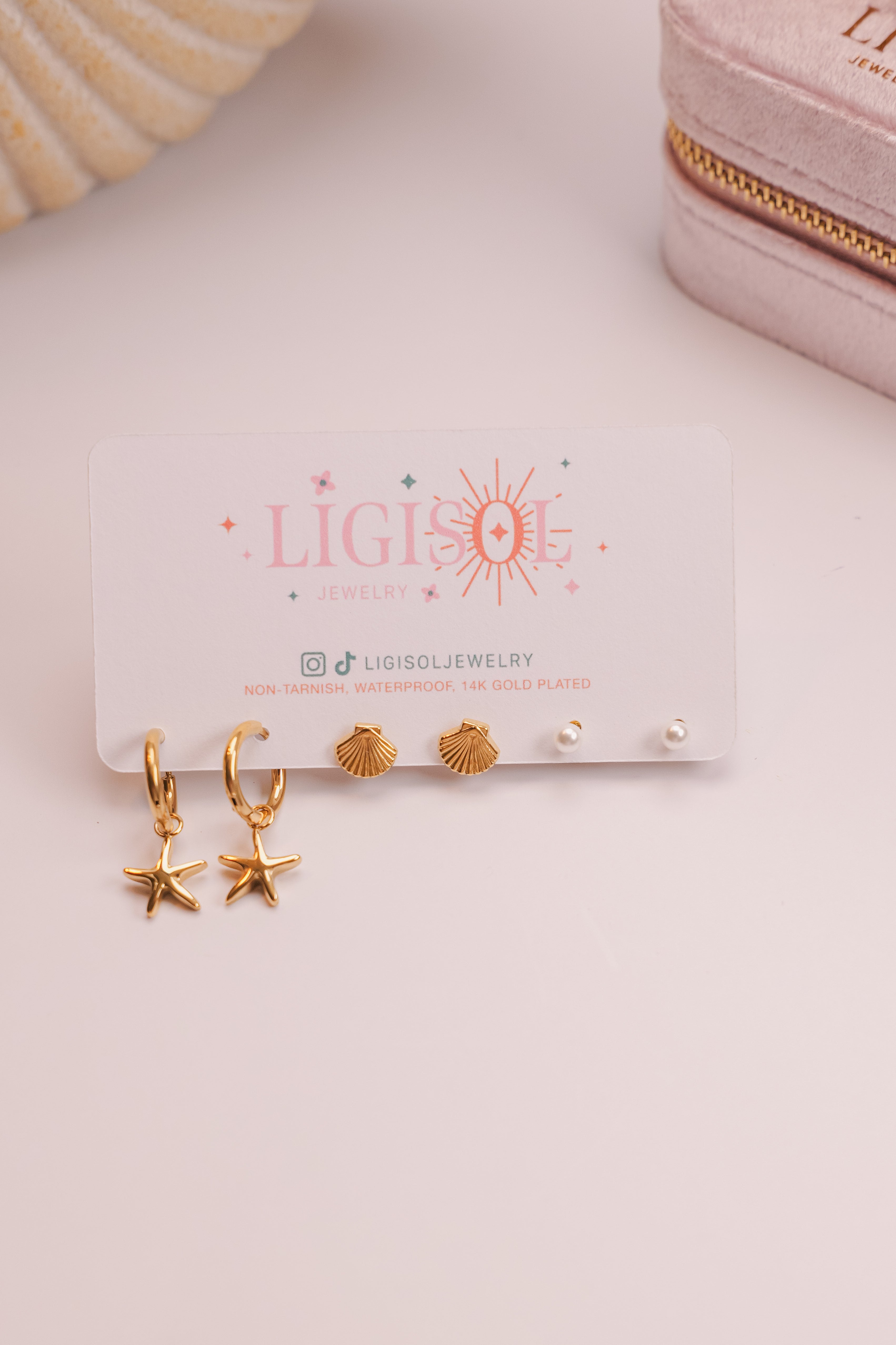 Gold Coastal Earring Set | Starfish Hoops, Shell Studs & Pearl Studs | Waterproof Hypoallergenic Stainless Steel