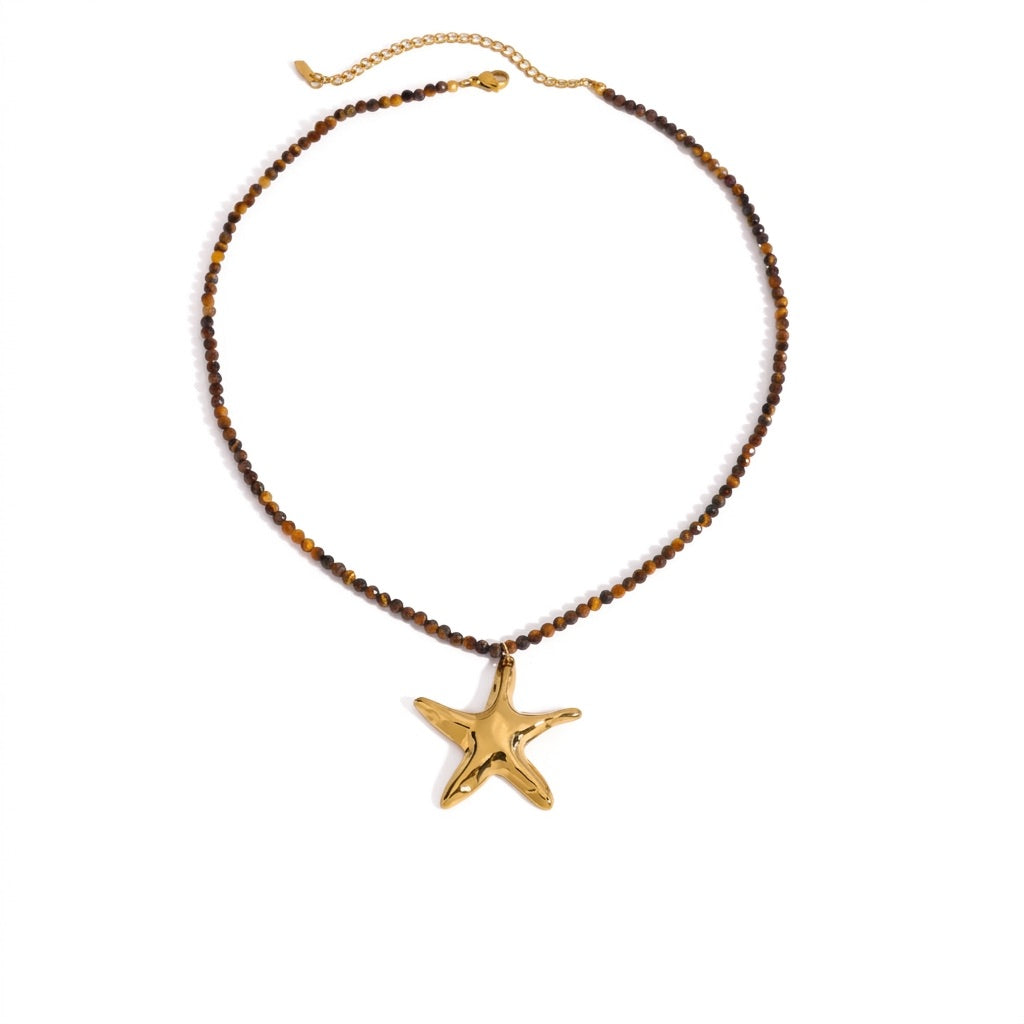 Serena Tiger Eye Gold Starfish Necklace | Natural Stone Beaded Chain | Waterproof Hypoallergenic Stainless Steel | 15.75" + 2.75" Extender